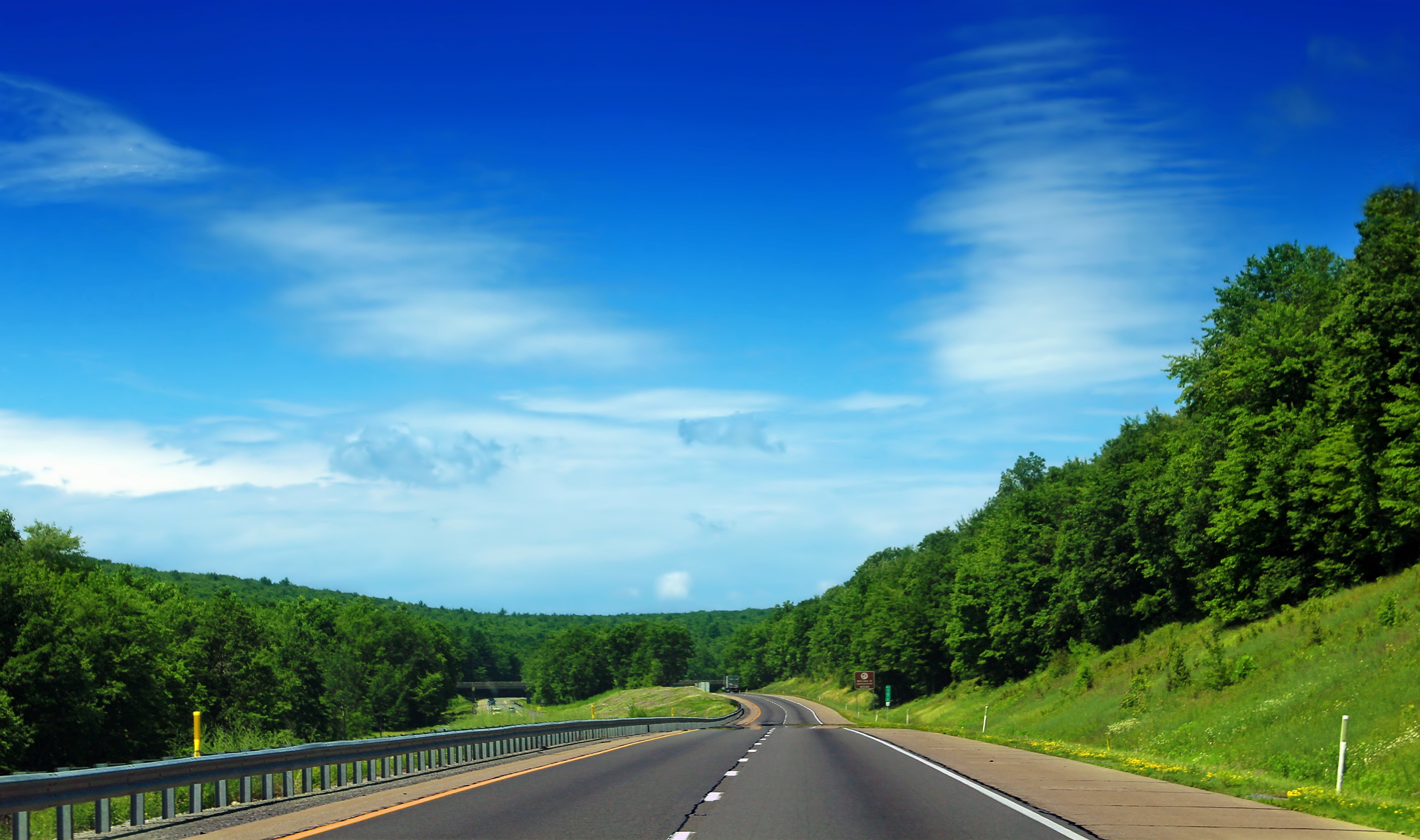 sign, travel, blue, grass, road marking, multiple Lane Highway, foliage, day, background, scenics, diminishing perspective, tranquil scene, beauty In Nature, HD Wallpaper