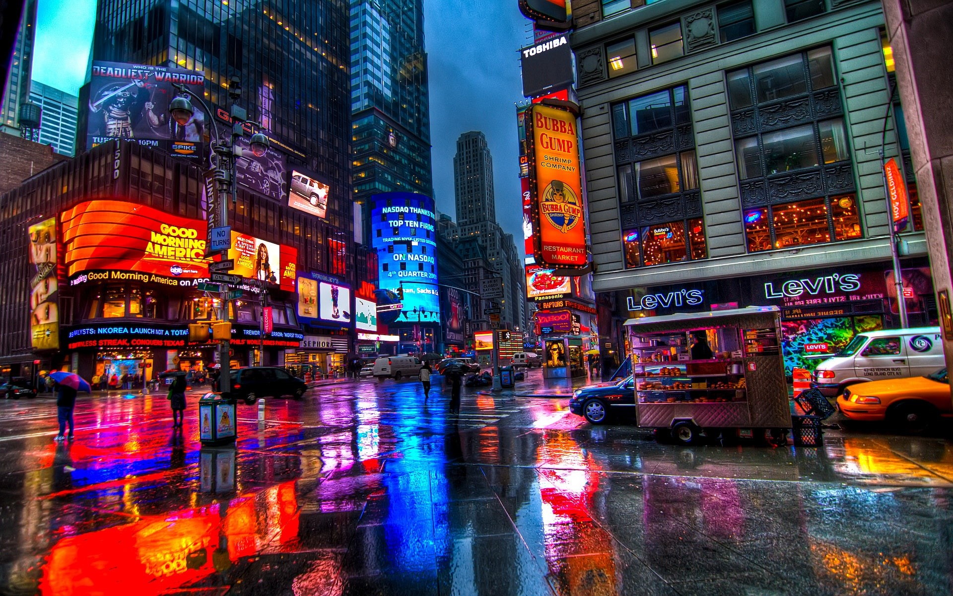rain, neon, times, 1080P, night, city, york, cities, square, lights, usa, HD Wallpaper