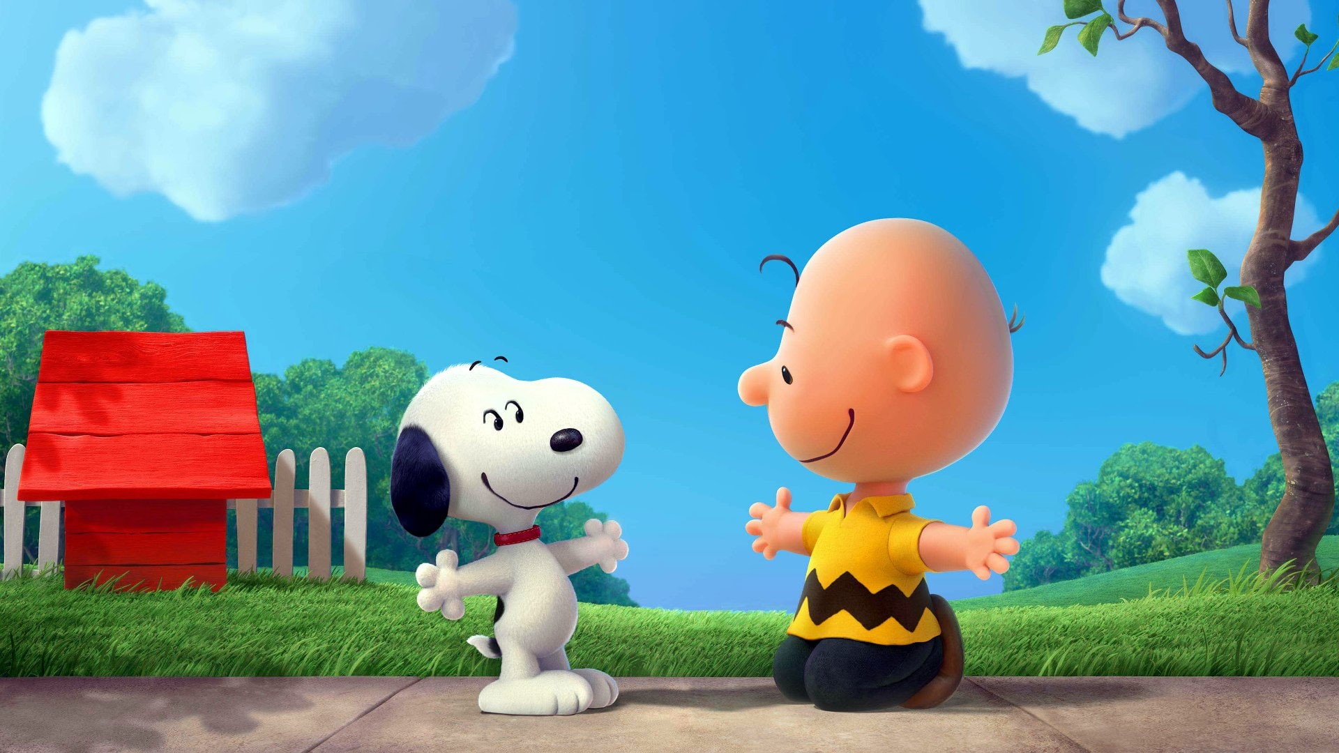 people, Snoopy, mammal, 1080P, day, Charlie Brown, cute, The Peanuts Movie, men, fun, Movie, nature, offspring, blue, sky, cloud - sky, tree, happiness, HD Wallpaper