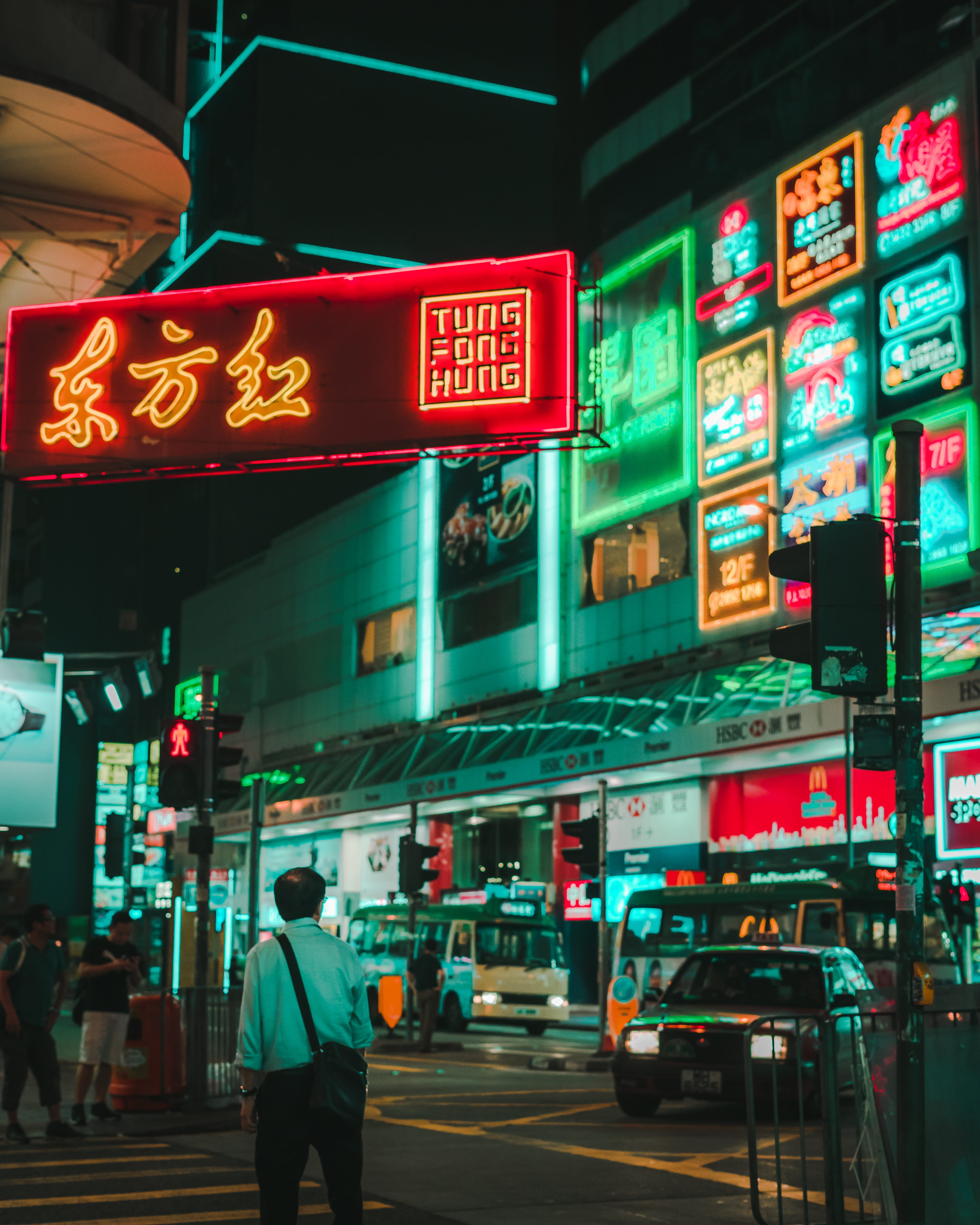 bus, sign, architecture, light, walking, street, road, time, illuminated, transportation, neon sign, car, mode of transportation, red, cyberpunk, people, Phone HD Wallpaper