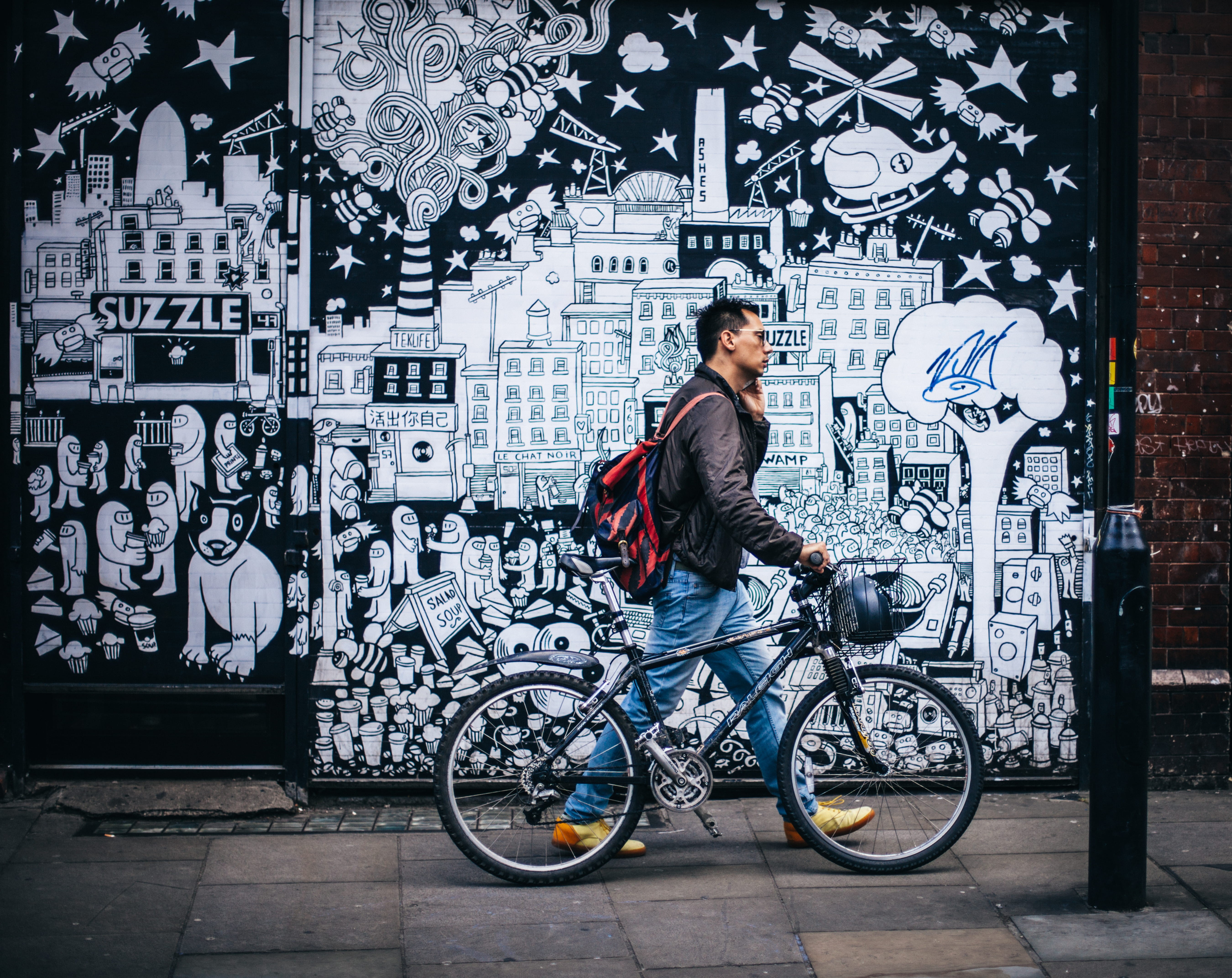 leisure activity, profile view, cycling, casual clothing, denim jeans, walking, red, males, city, young adult, jacket, art, blue denim, backpack, wearing, HD Wallpaper