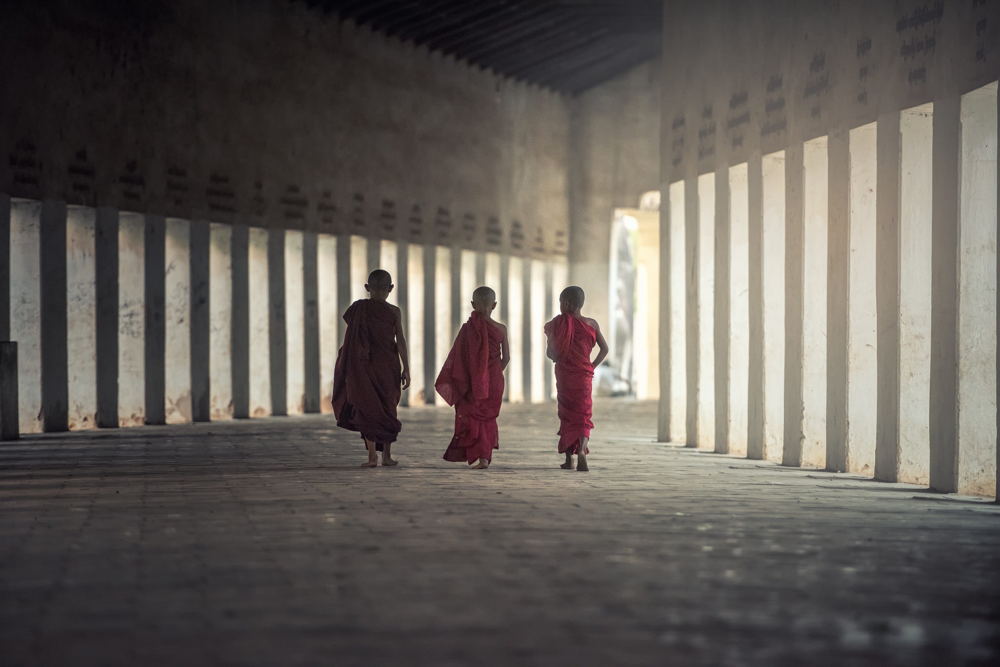pious, tradition, relax, little, rush, kids, jovial, in the morning, ritual, religion, myanmar burma, novice, buddha, a prayer, senior, full length, red, HD Wallpaper