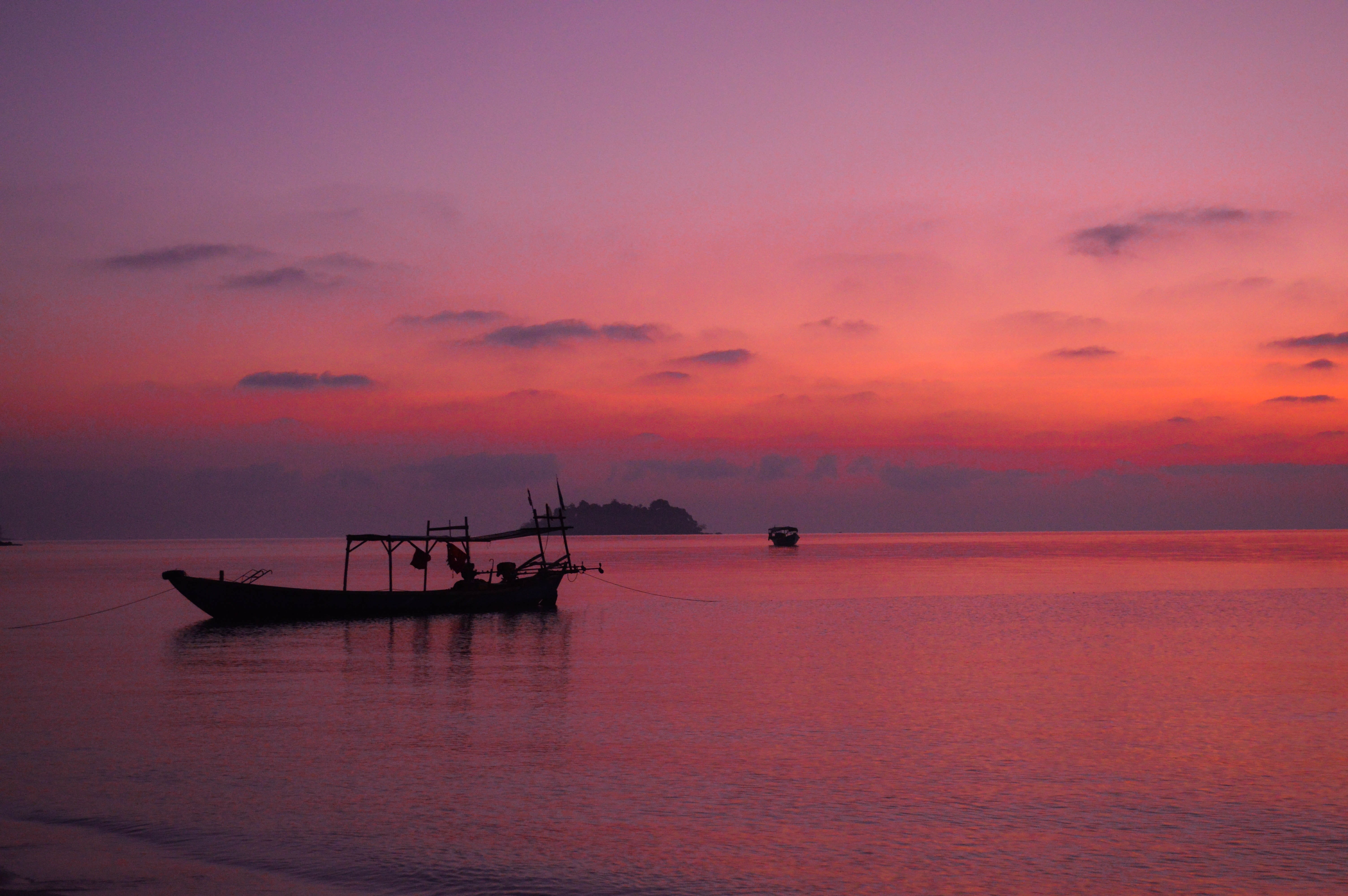idyllic, tranquil scene, cloud - sky, horizon over water, asia, mode of transportation, sunset, sea, lovely, pink, nautical vessel, southeast asia, water, HD Wallpaper