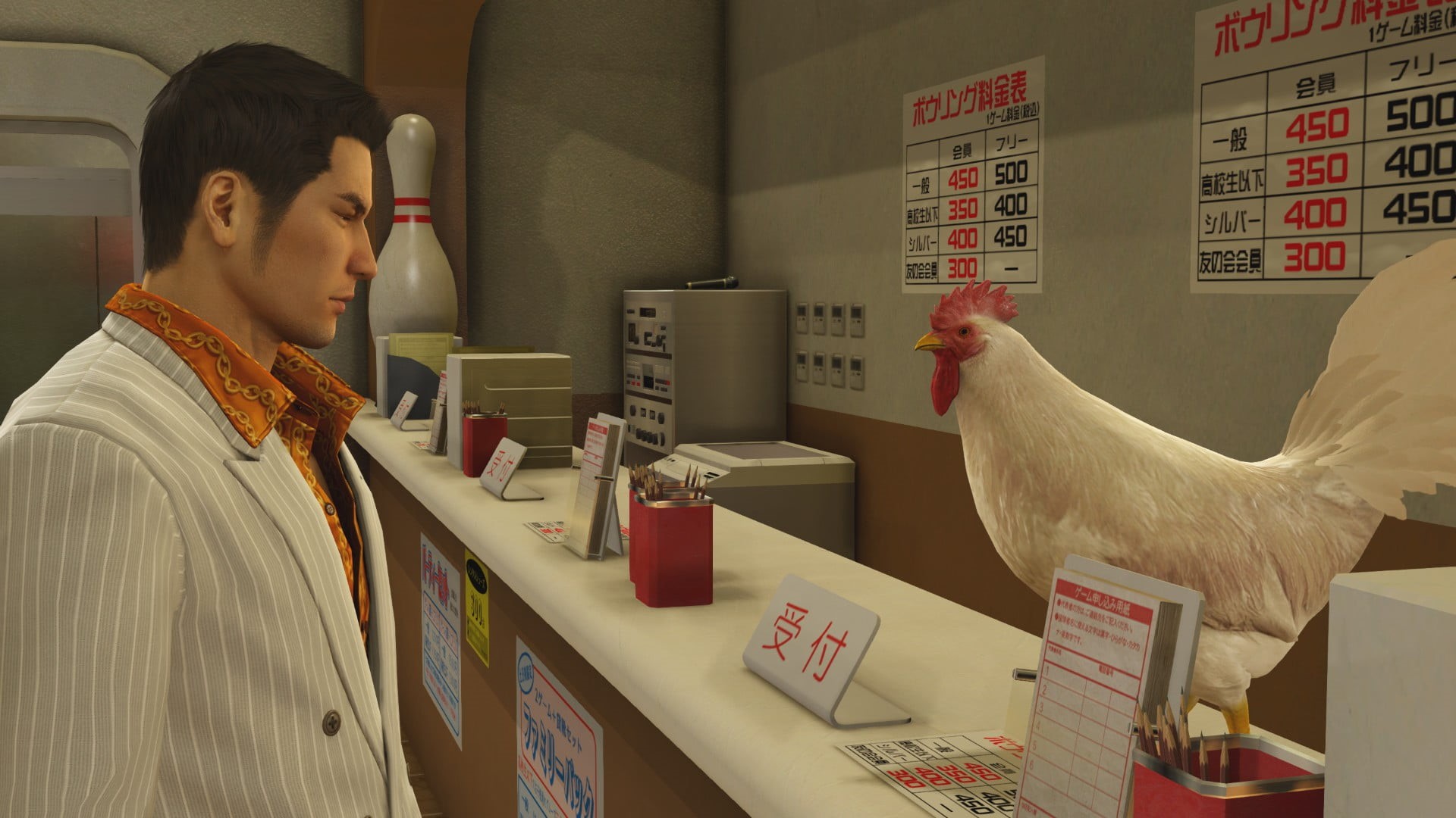yakuza, PC gaming, 1080P, Yakuza 0, console, Sega, bowling, Japan, humor, suits, stare, Steam OS, Chicken, video games, Shintaro Kazama, PlayStation 4, HD Wallpaper