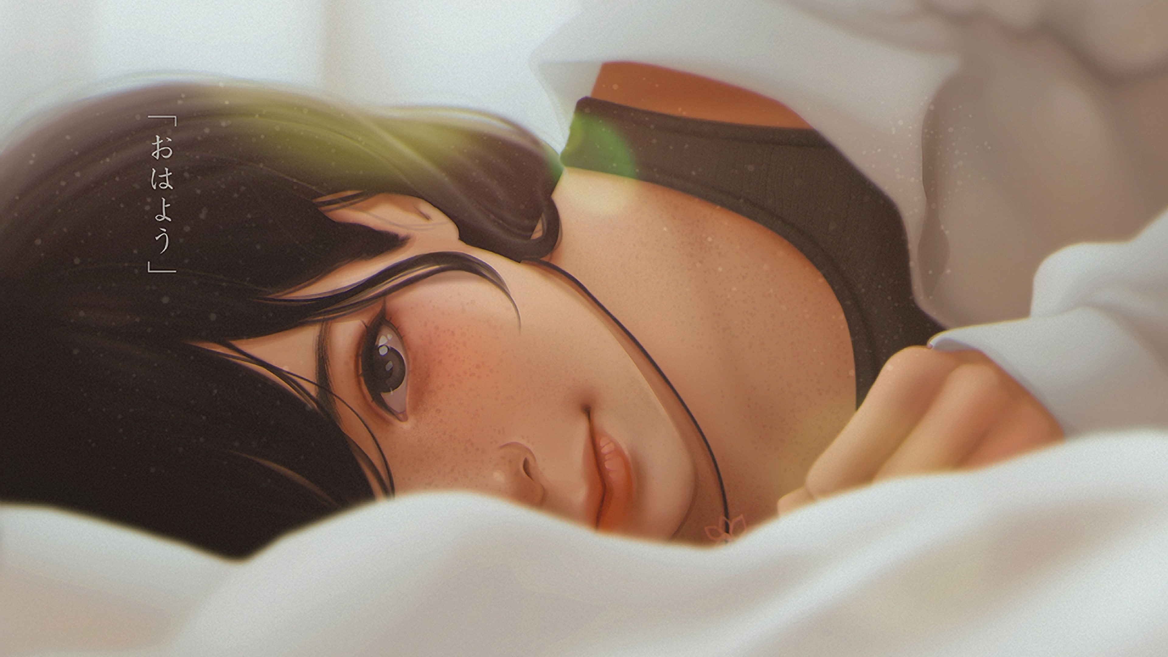 anime, relaxation, stare, beauty, headshot, young adult, laying on side, bed, 4K, beautiful woman, lying down, one person, adult, looking at camera, close-up, HD Wallpaper