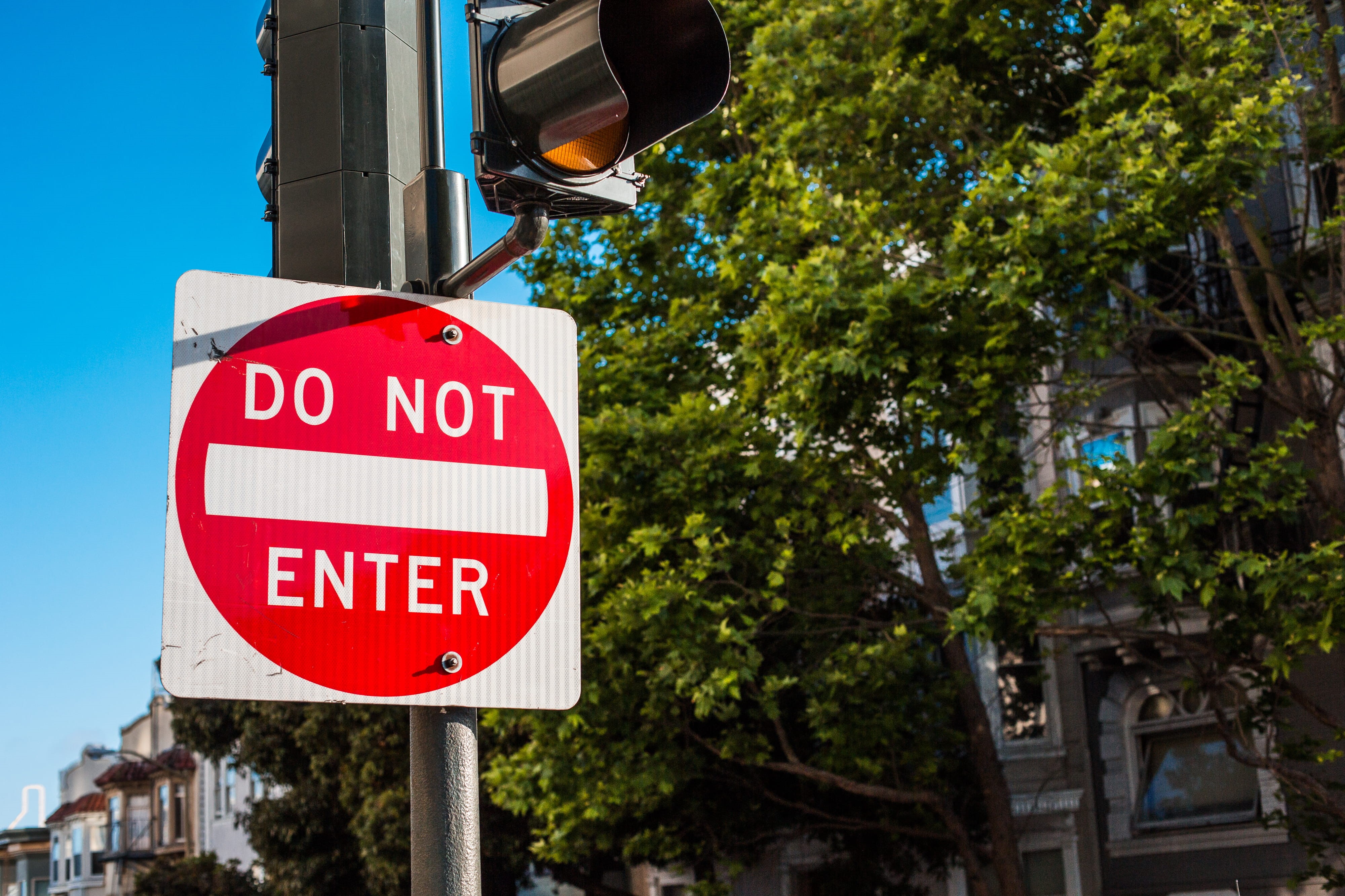 trees, city, Do Not Enter, control, transportation, wrong way, enter, san, francisco, no entry, room for text, stoplight, communication, western script, HD Wallpaper
