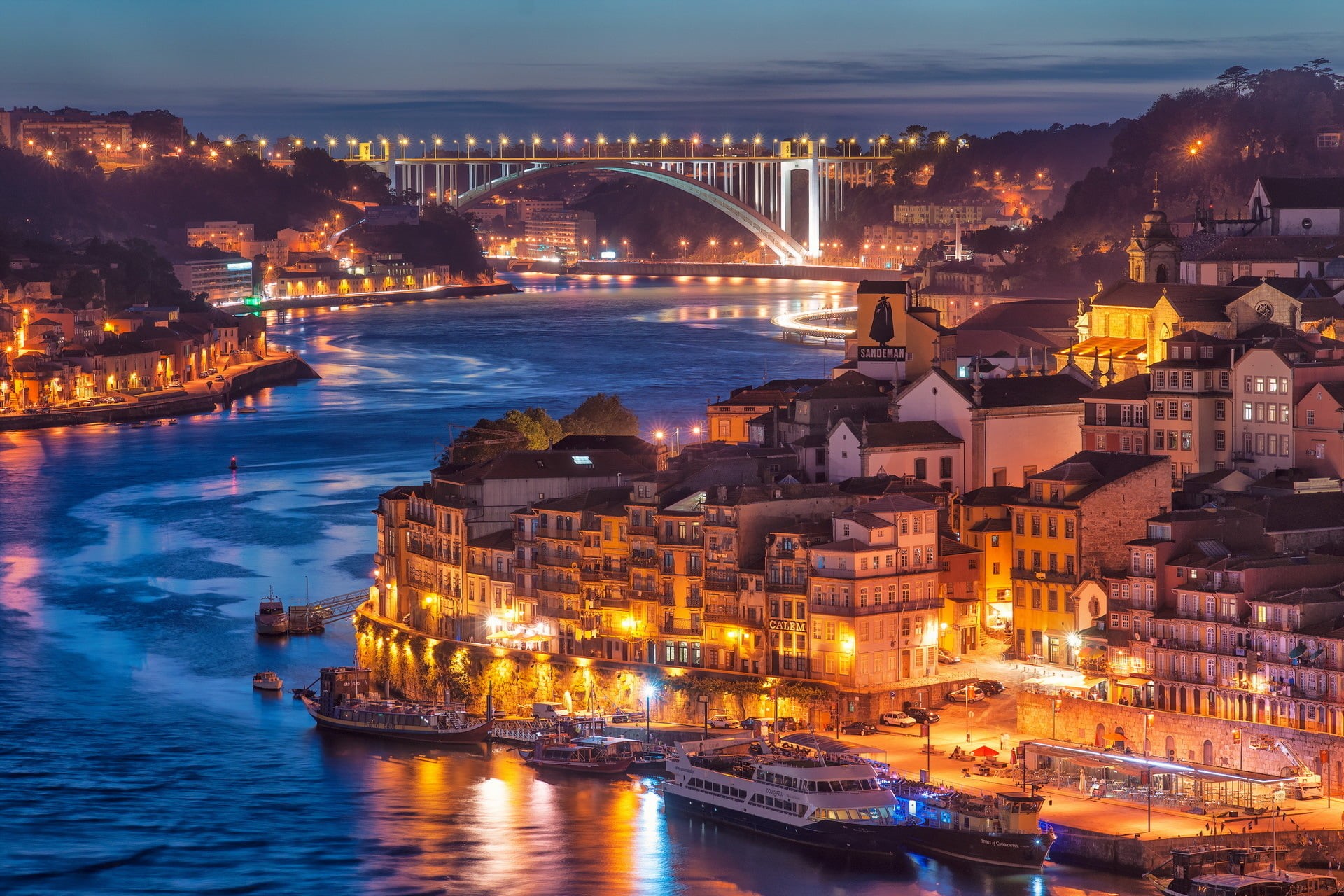 water, arch bridge, building, building exterior, cityscape, mode of transportation, Nightfall in Porto, bridge, illuminated, outdoors, no people, high angle view, HD Wallpaper