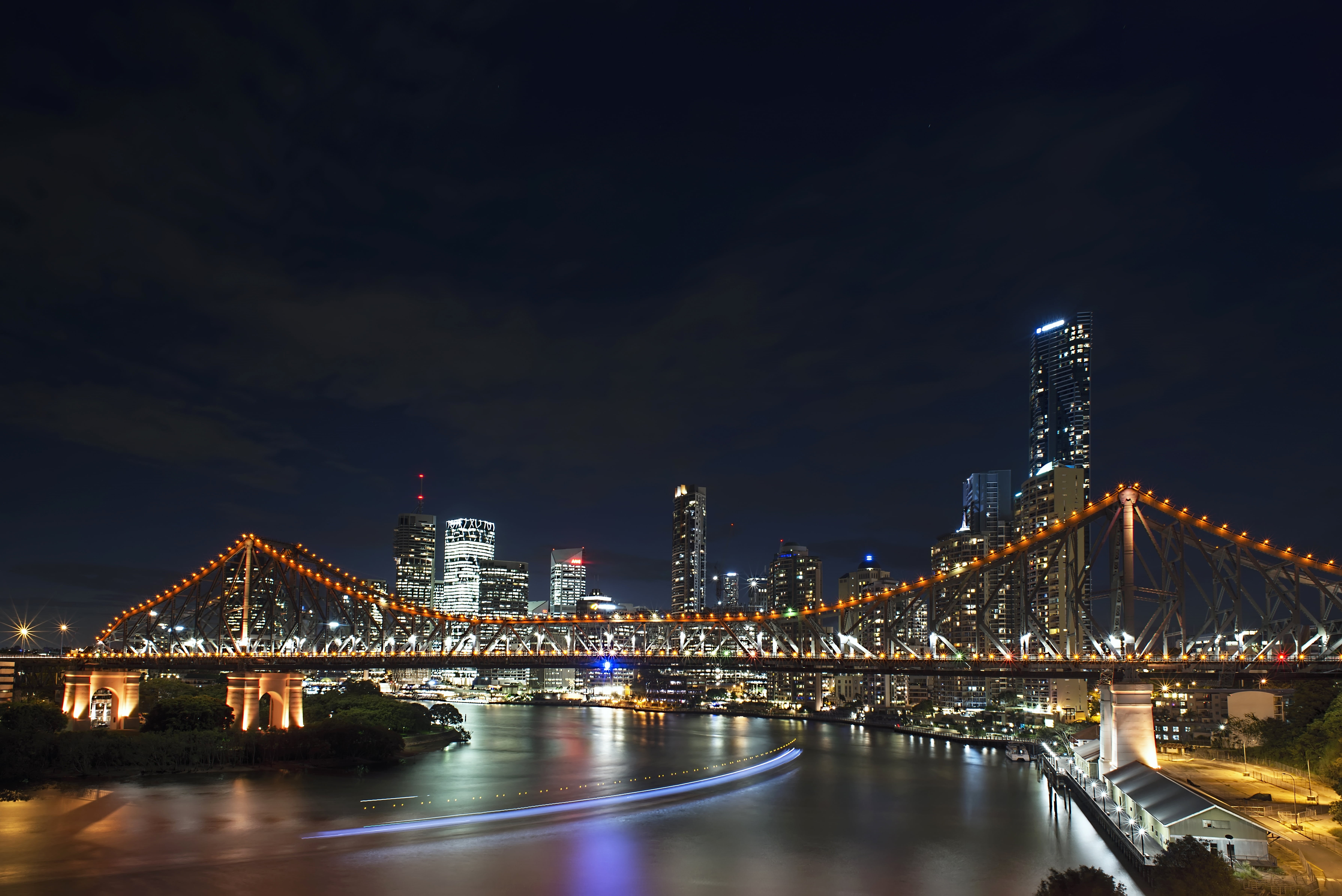 downtown District, trail, 5K, bridge - Man Made Structure, Story Bridge, long  exposure, bridge, dusk, brisbane, nighttime, beside, cityscape, urban Skyline, HD Wallpaper