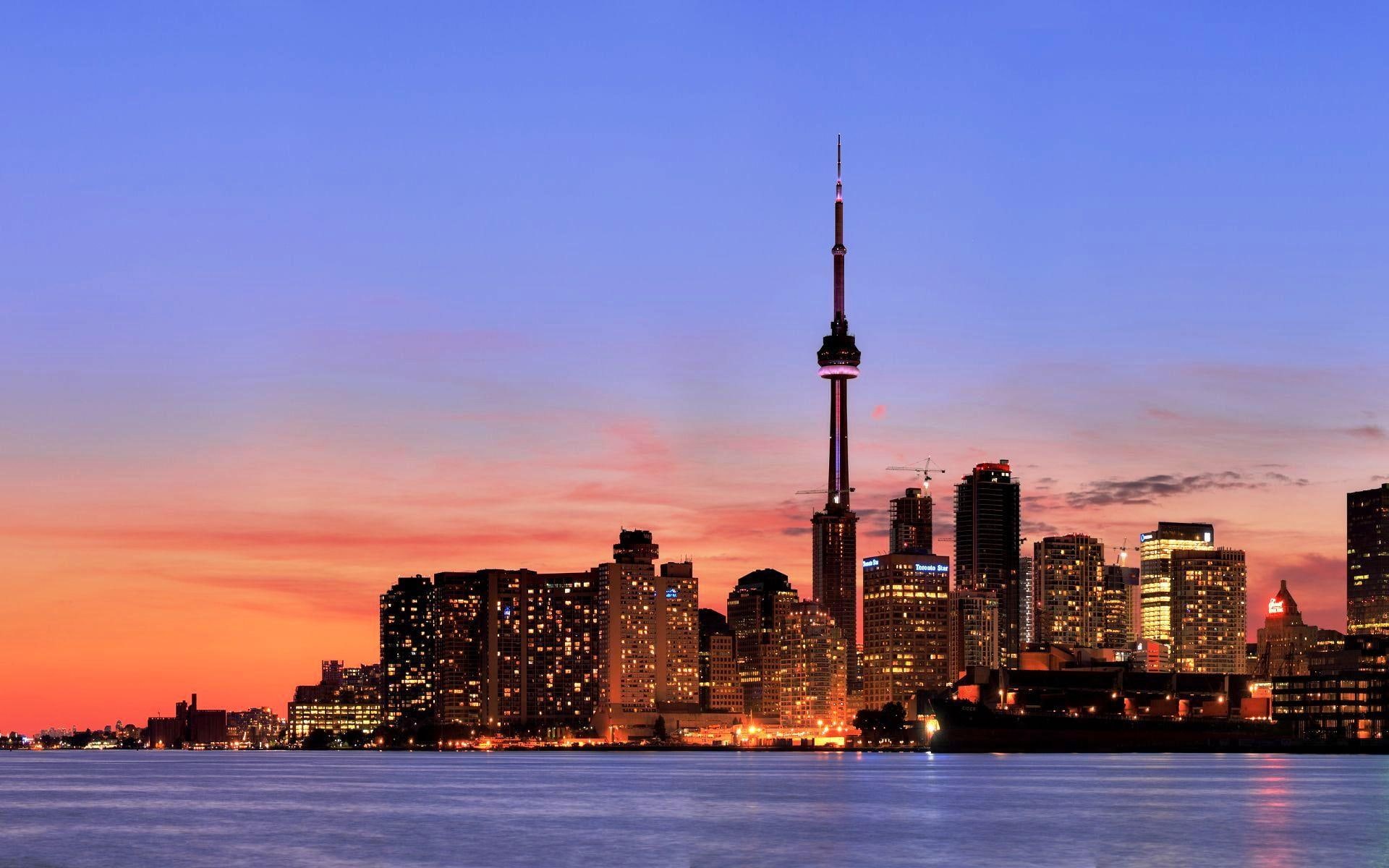 toronto, cn tower, city, lake, dusk, skies, 1080P, red, blue, nightfall, animals, HD Wallpaper