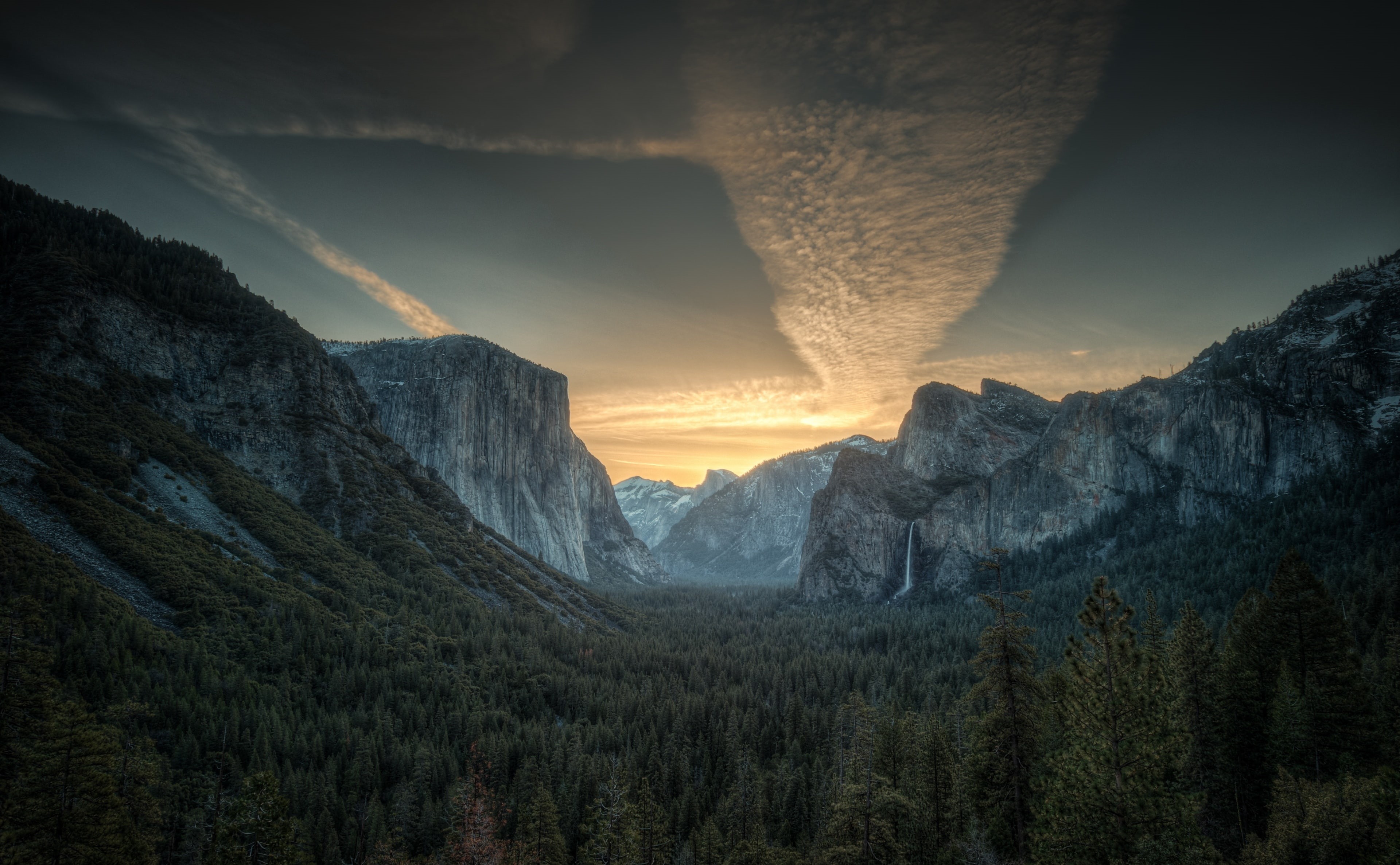 California, scenics - nature, bridalveilfall, mariposa, Dome, park, tree, elcapitan, Tunnel, nightfall, formation, outdoors, national, Yosemite, mountain peak, HD Wallpaper