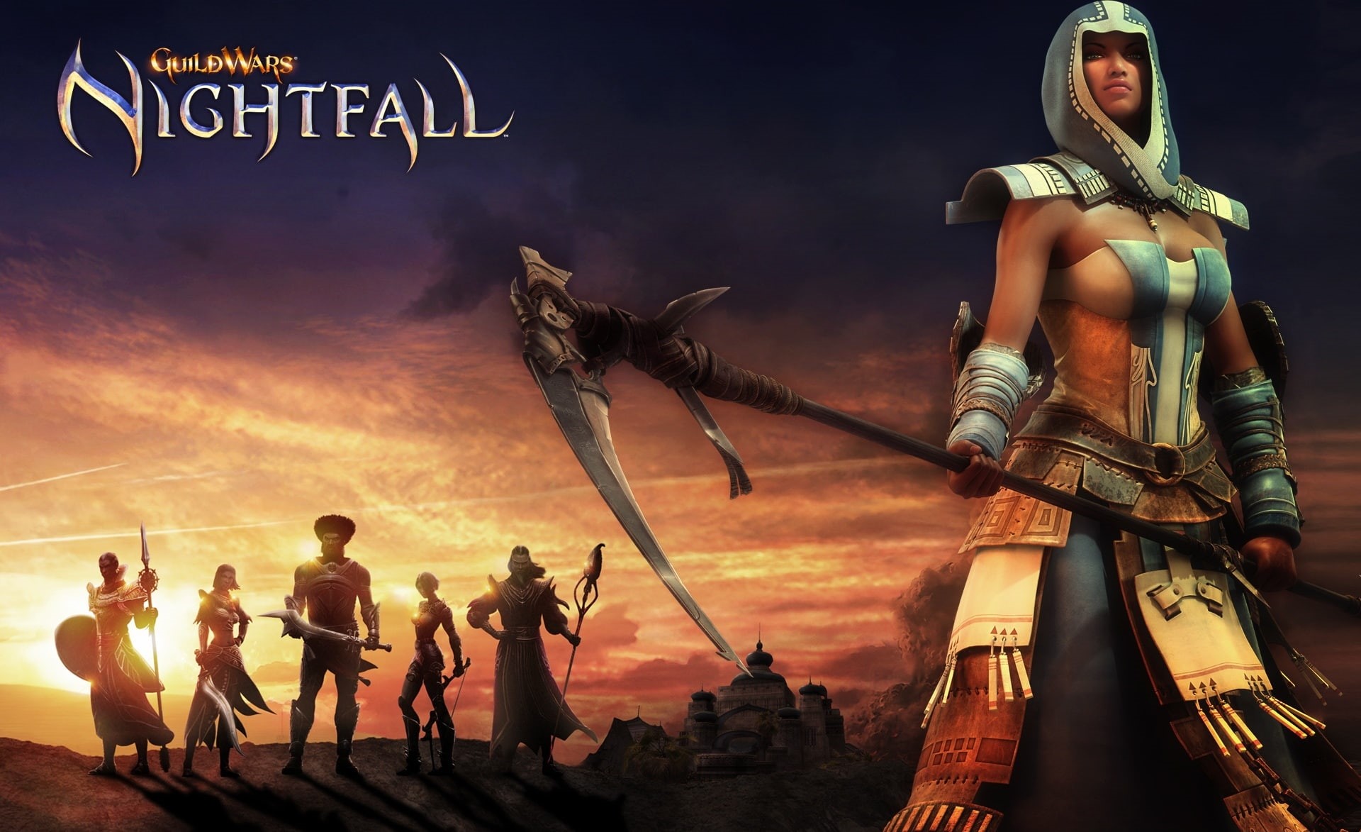 1080P, guild, group of people, the past, sunset, nature, women, sculpture, wars, sky, outdoors, people, guild wars nightfall, young women, beautiful woman, HD Wallpaper