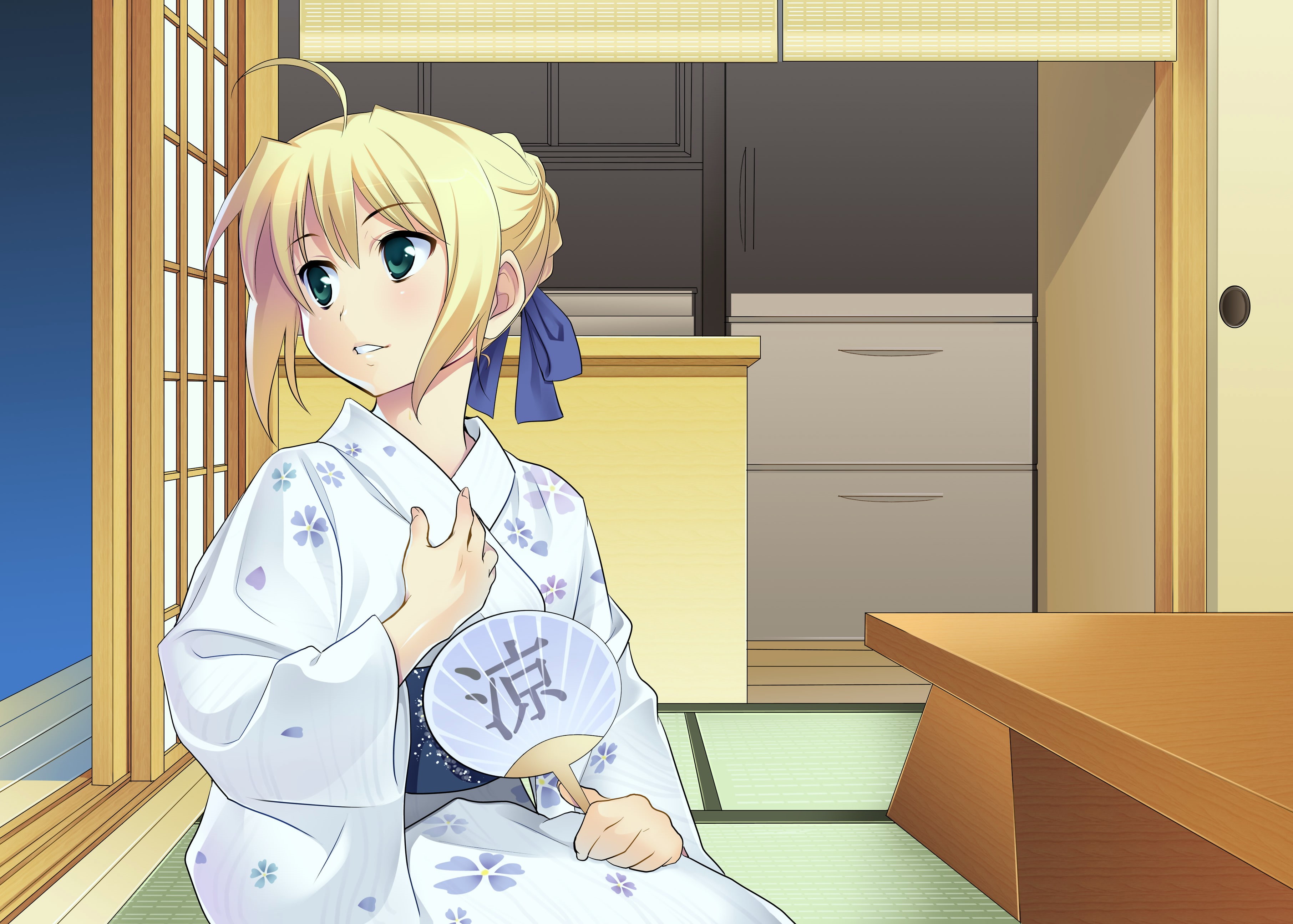 azu, eyes, stay, hair, night, saber, blonde, japanese, 2K, green, clothes, fan, fate, HD Wallpaper