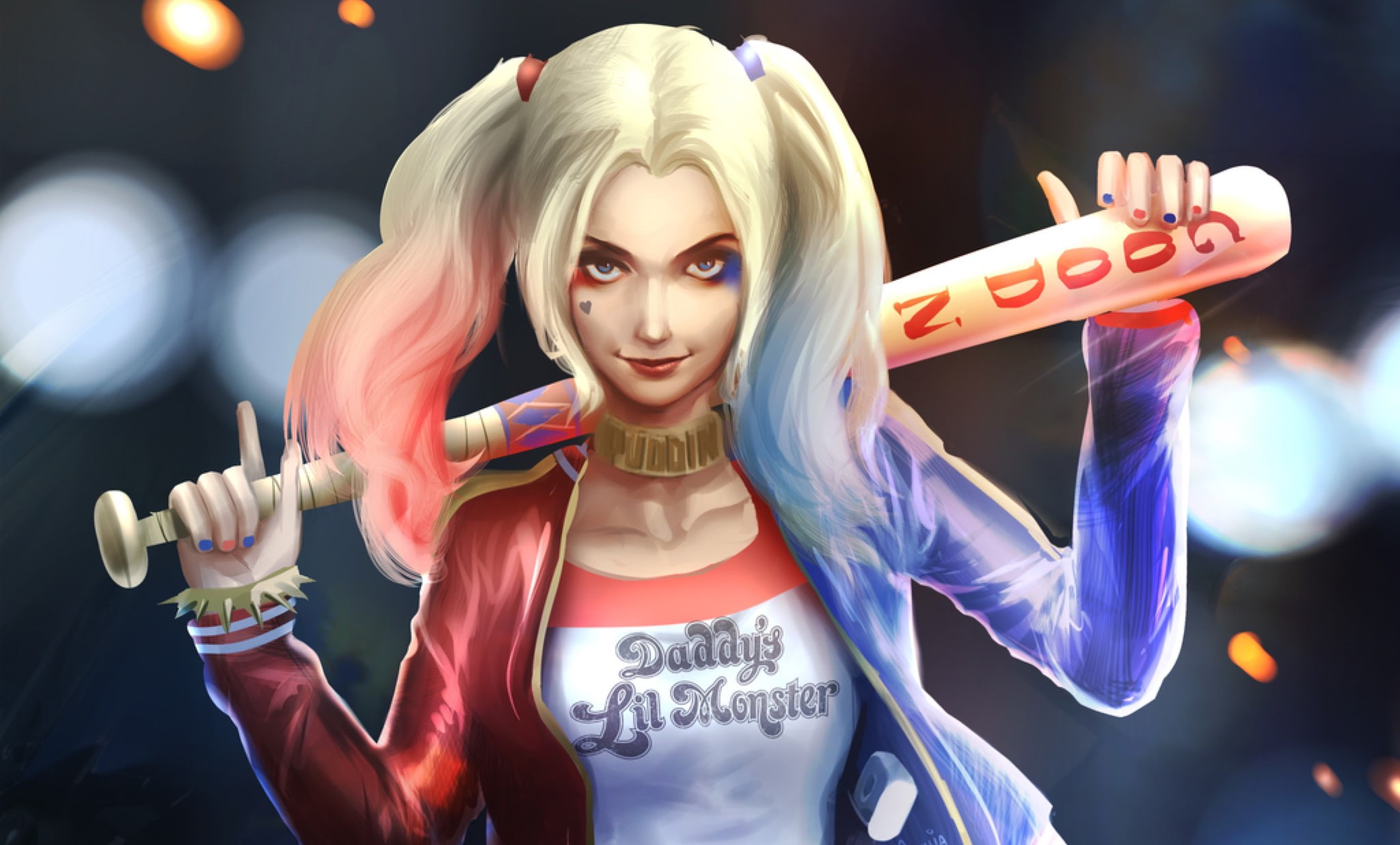 fashion, front view, harley quinn, young women, event, deviantart, one person, blond hair, waist up, supervillain, looking at camera, 1080P, beautiful people, HD Wallpaper
