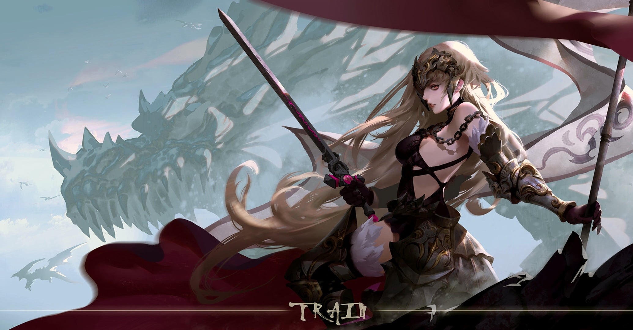 anime girls, girl, sword, art, fantasy art, Fate Series, Avenger (Fate/Grand Order), Joan Of Arc alter, Fate/Grand Order, long hair, blonde, digital art, HD Wallpaper