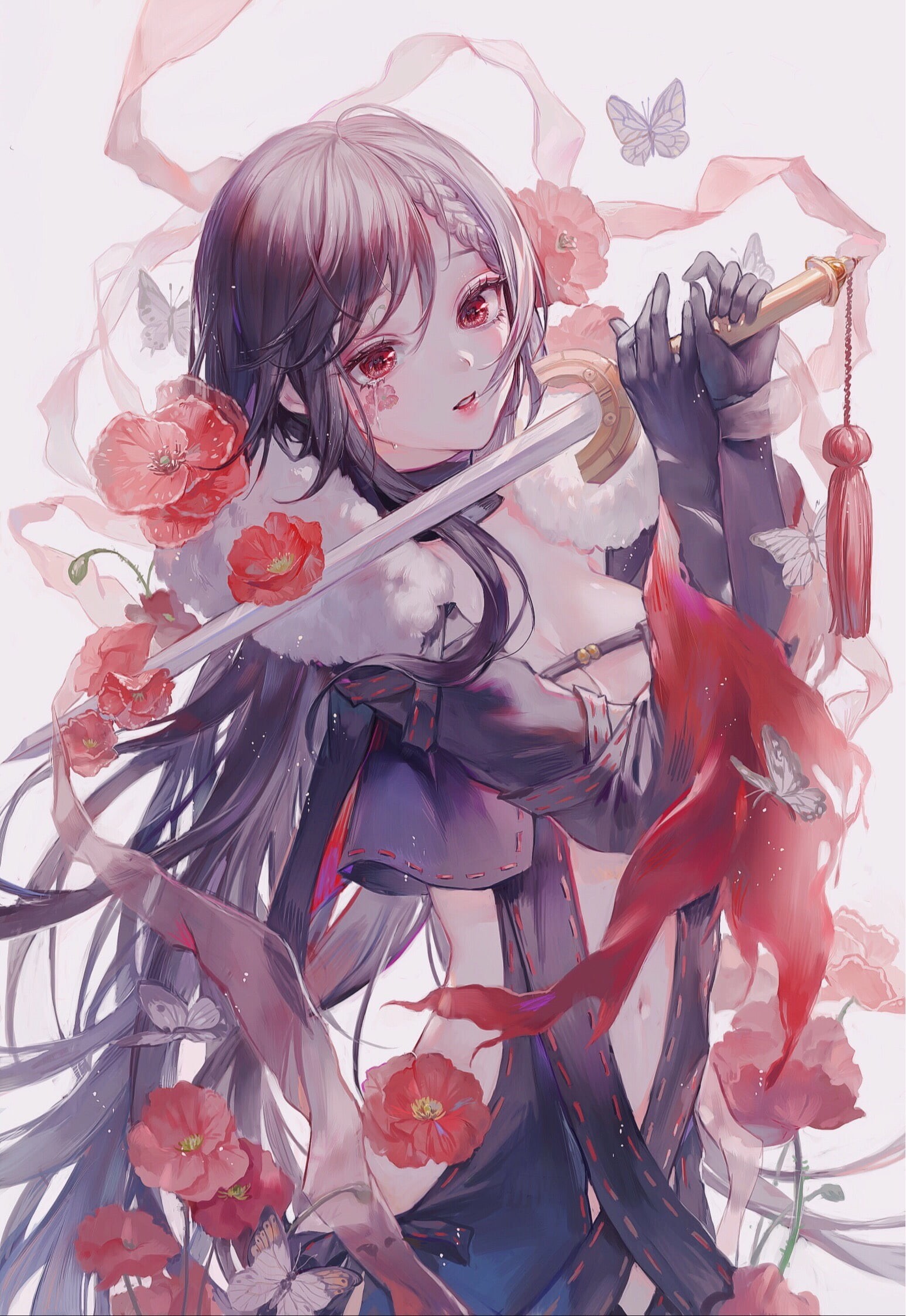 painting, sword, Yu Miaoyi (Fate), Matcha_, anime girls, Fate/Grand Order, Fate Series, 1080P, 2D, dress, belly, crying, digital art, anime, drawing, black hair, Phone HD Wallpaper