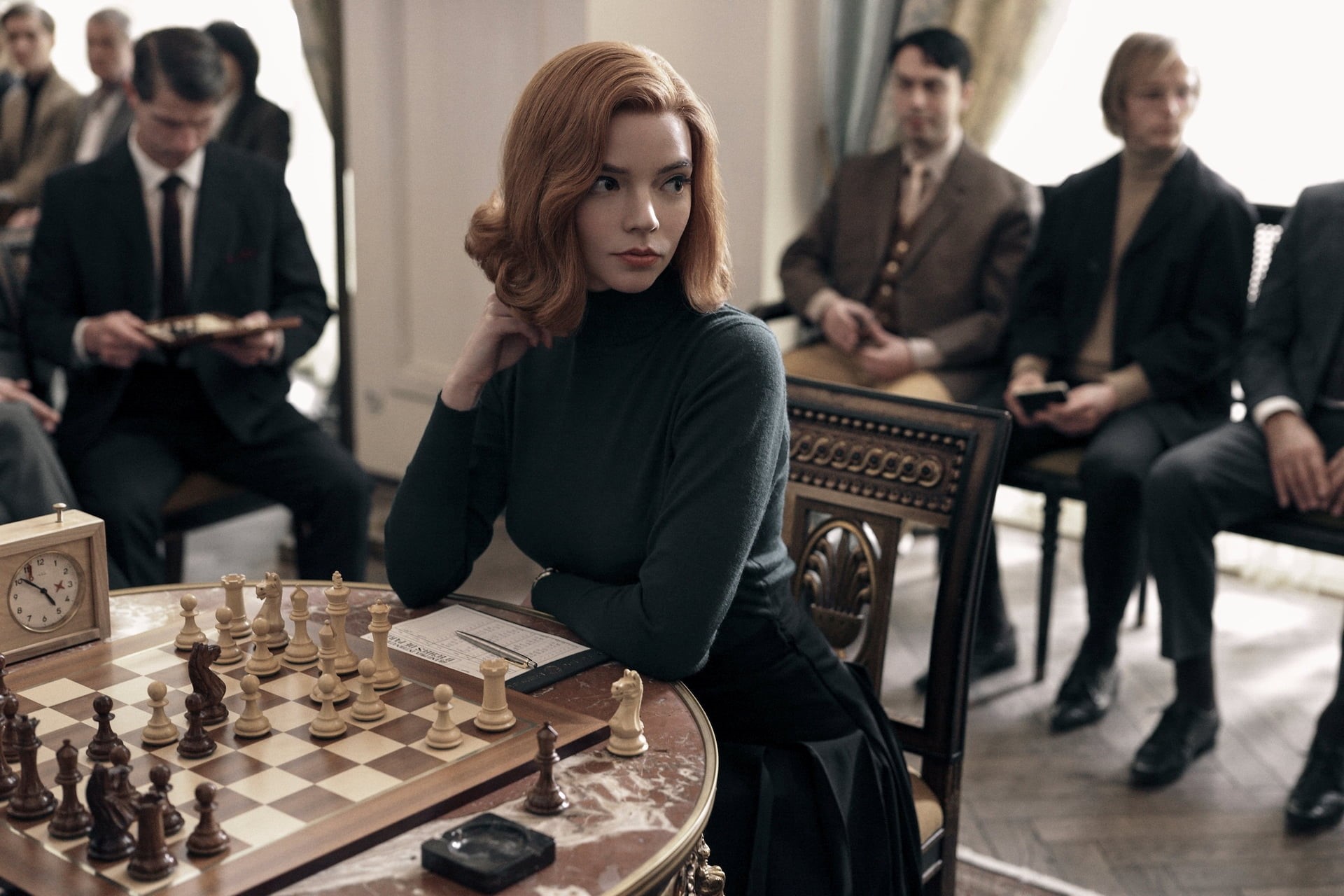 women, 1080P, actress, film stills, sitting, group of people, redhead, shoulder length hair, Anya Taylor-Joy, chess, HD Wallpaper