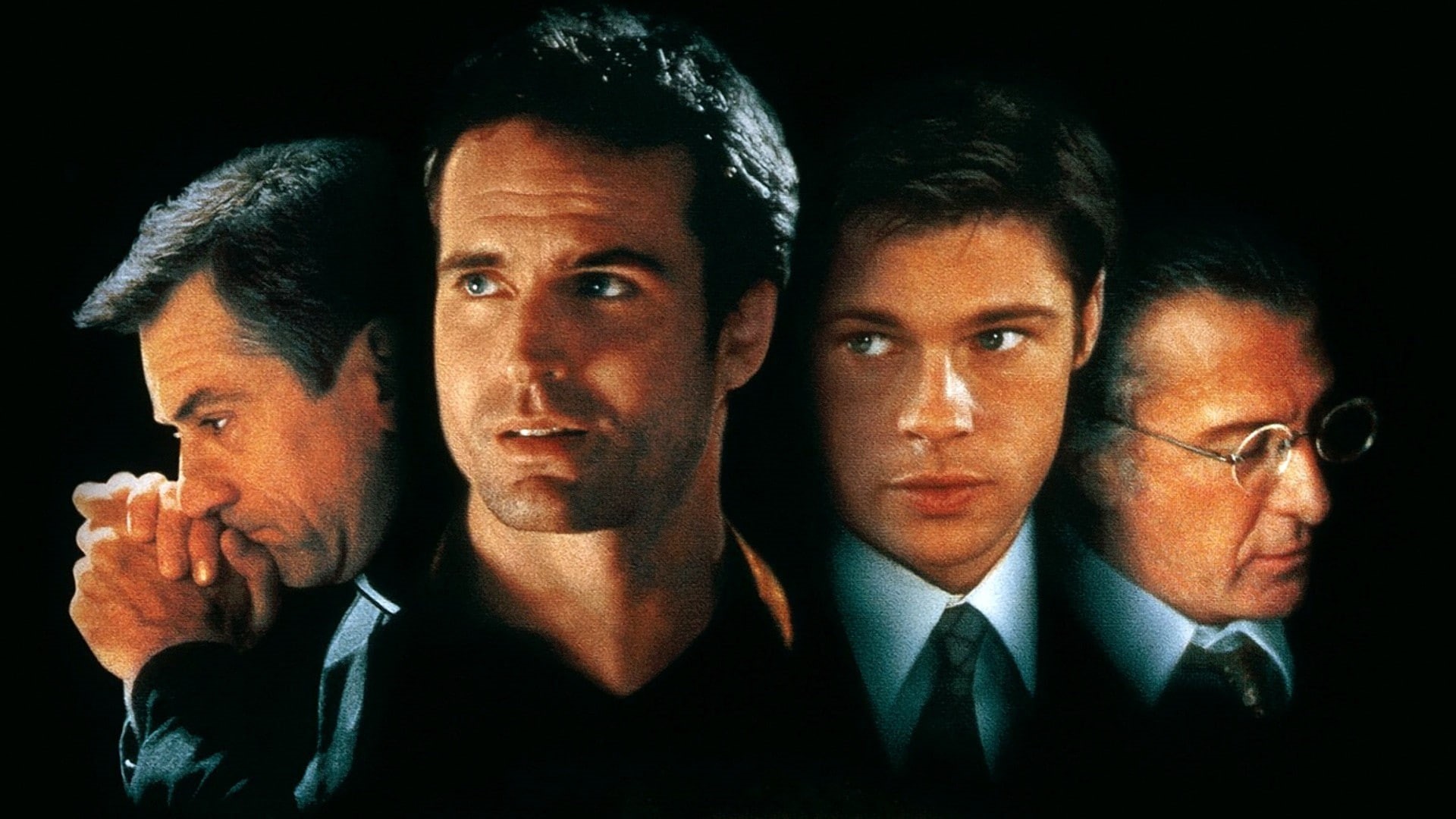 glasses, brothers, law, actor, men, 1080P, Robert DeNiro, suits, tie, black background, Sleepers, Dustin Hoffman, movie poster, movies, face, Brad Pitt, HD Wallpaper