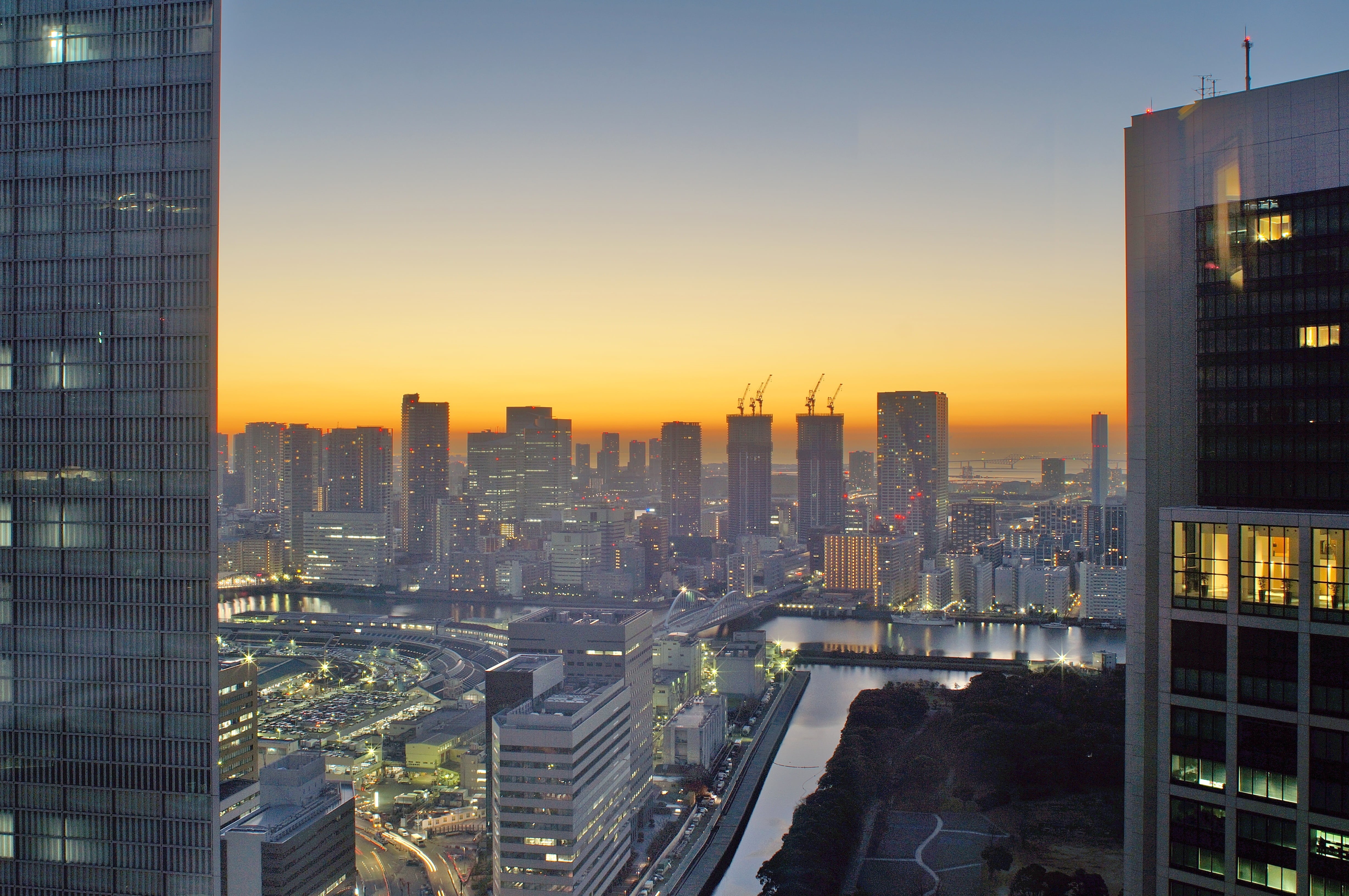 Cityscape, Glow, business, dusk, Light, vintage, Nex-5N, genuine, Tokyo, Winter, urban, rise, downtown District, Januar, emount, 4K, Tokio, manual, Morgenrot, HD Wallpaper