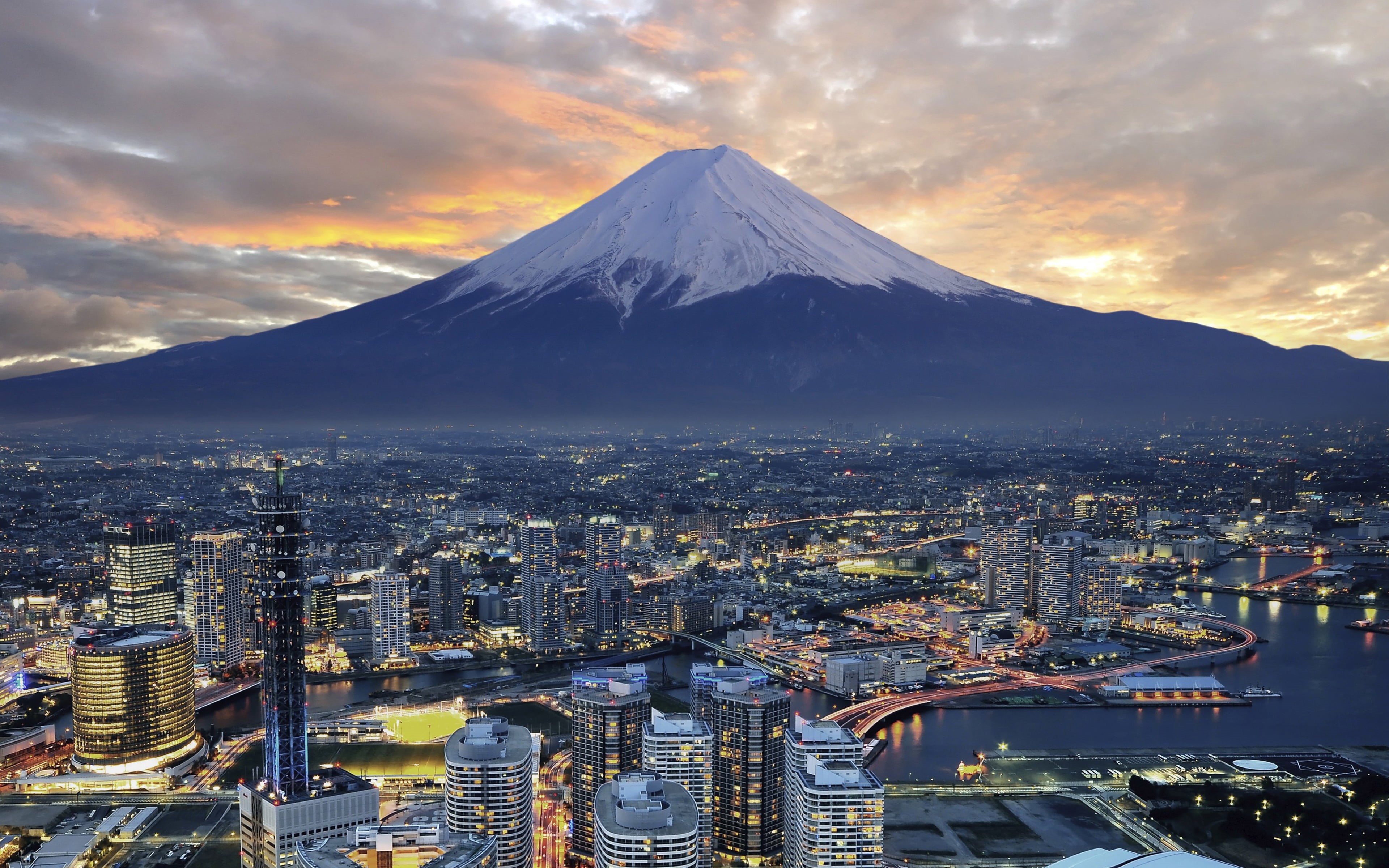 japan, volcano, built structure, mountain peak, sunset, nature, travel destinations, cityscape, no people, cloud - sky, building, building exterior, tokyo, HD Wallpaper
