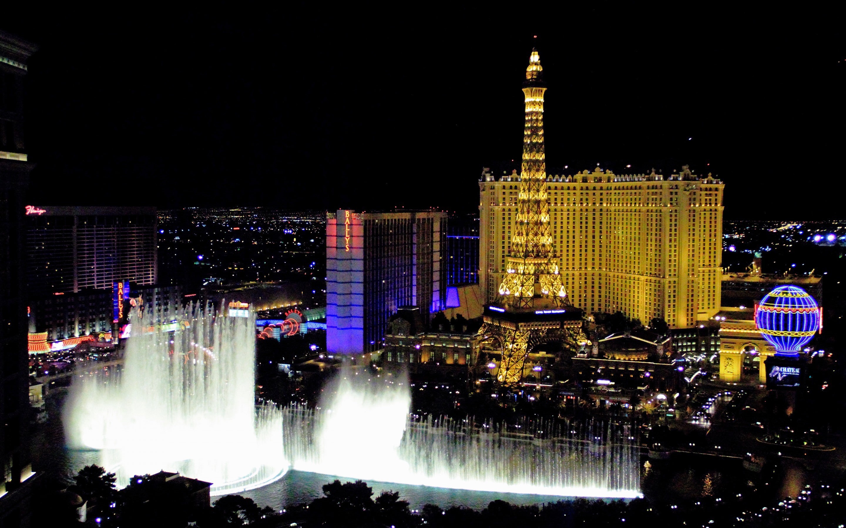 vegas, musical choreography of falling water, eiffel, Las Vegas, a copy of the Eiffel Tower, the casino, tower, light, black, lake, USA, night, las, a hotel, HD Wallpaper