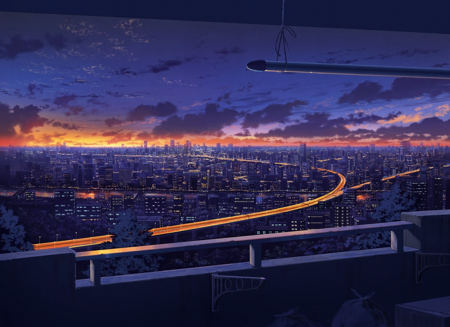 illuminated, transportation, water, skyscraper, anime, connection, building, architecture, built structure, city, night, high angle view, building exterior, HD Wallpaper