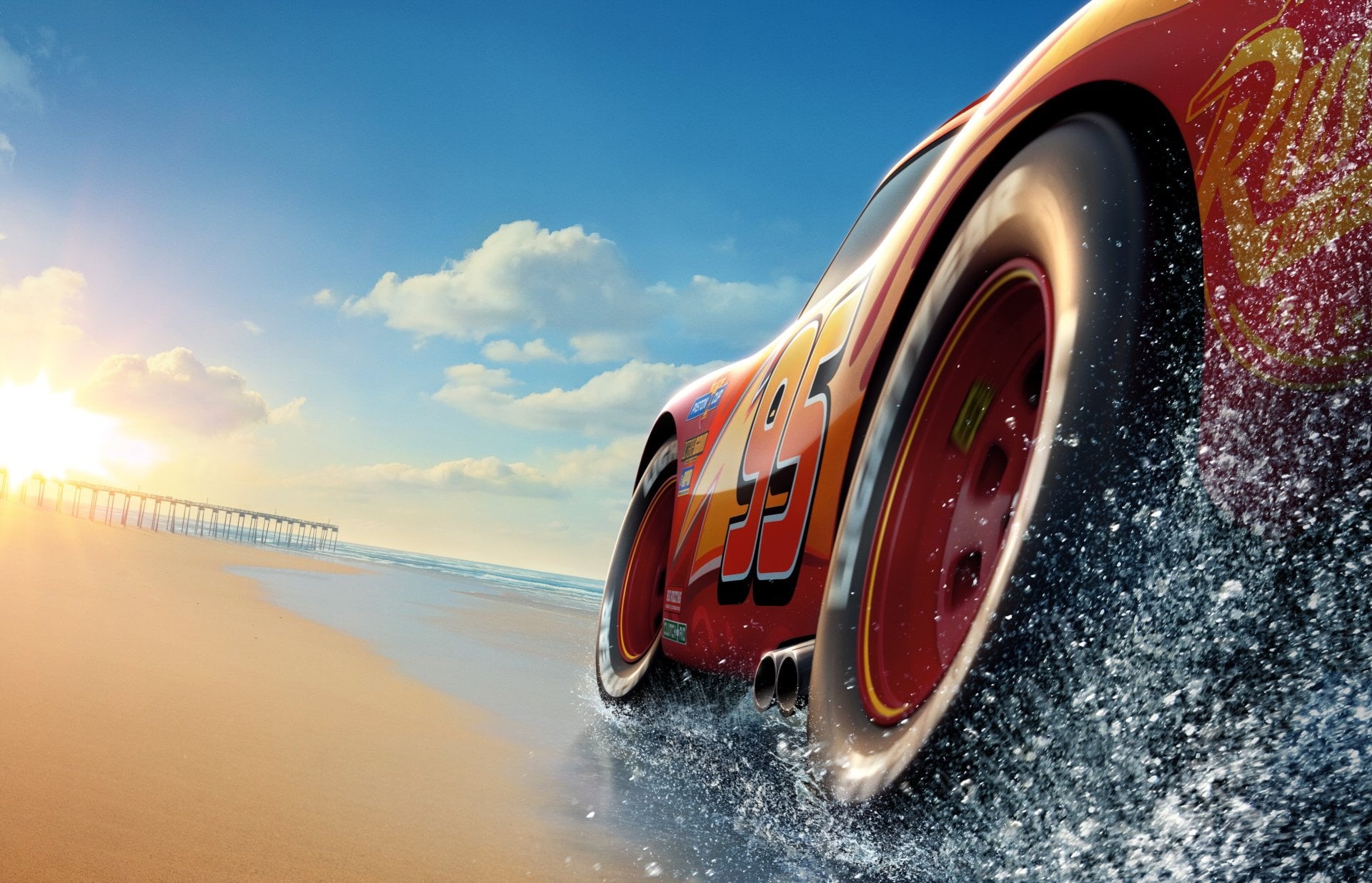 motion, car, sea, motor vehicle, cloud - sky, red, outdoors, mode of transportation, Cars 3, water, land, nature, 1080P, Pixar, land vehicle, Lightning McQueen, HD Wallpaper