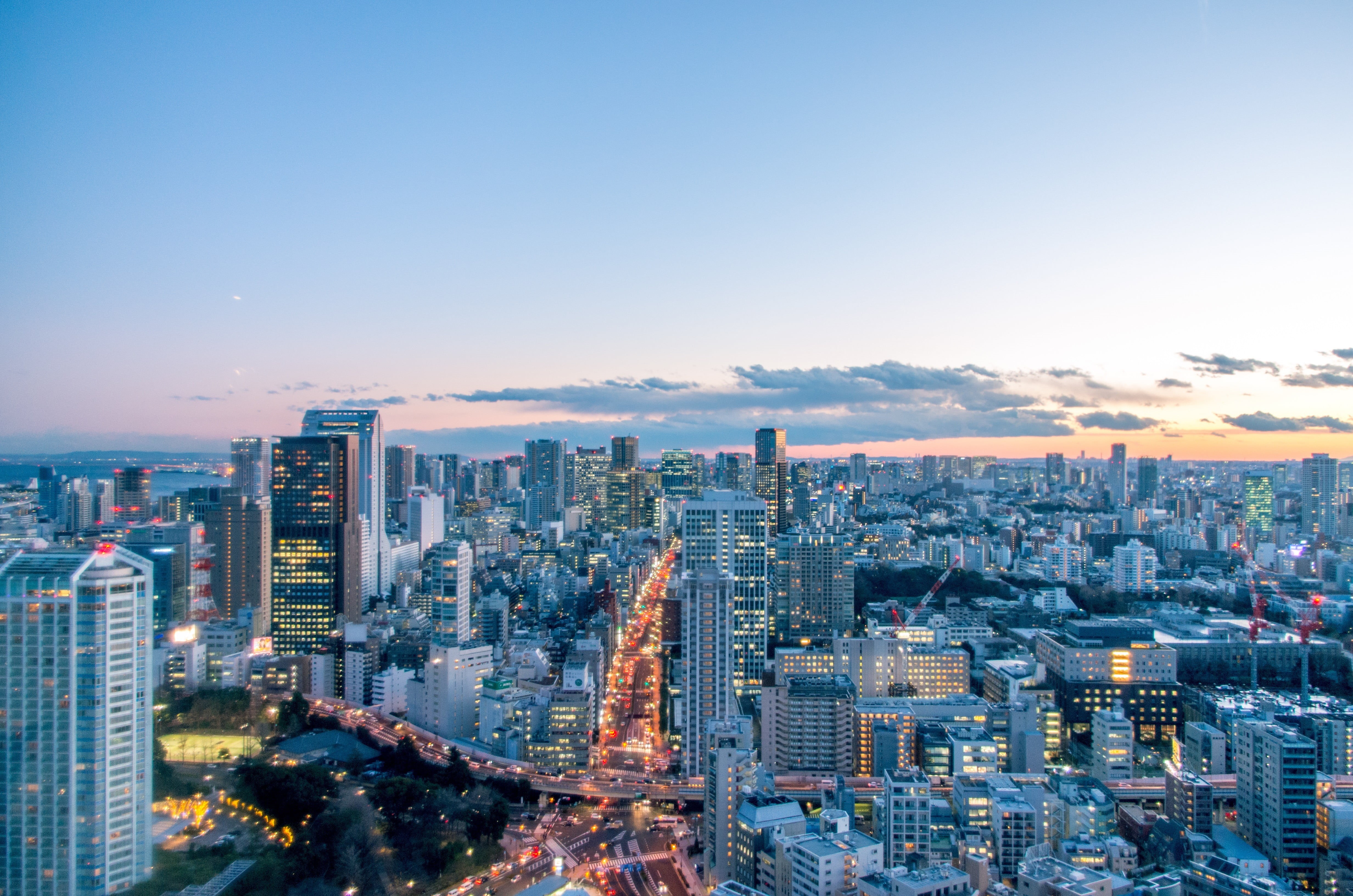 Tokyo, skyscraper, financial district, sky, 4K, Japan, tall - high, buildings, city, rise, building exterior, modern, cityscape, landscape, aerial view, HD Wallpaper