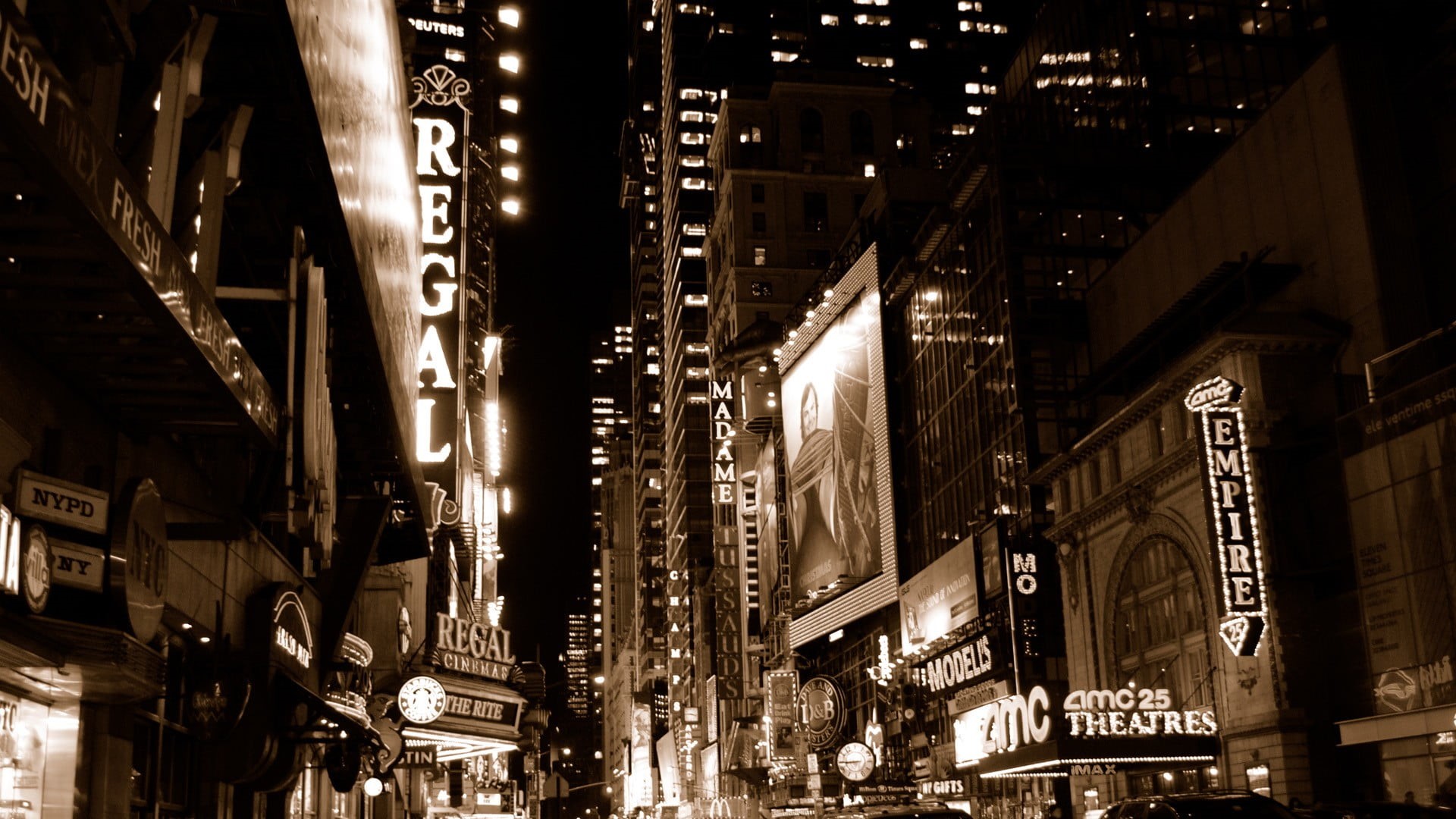 skyscraper, illuminated, street, night, road, the way forward, theaters, sign, built structure, travel destinations, transportation, low angle view, city life, HD Wallpaper