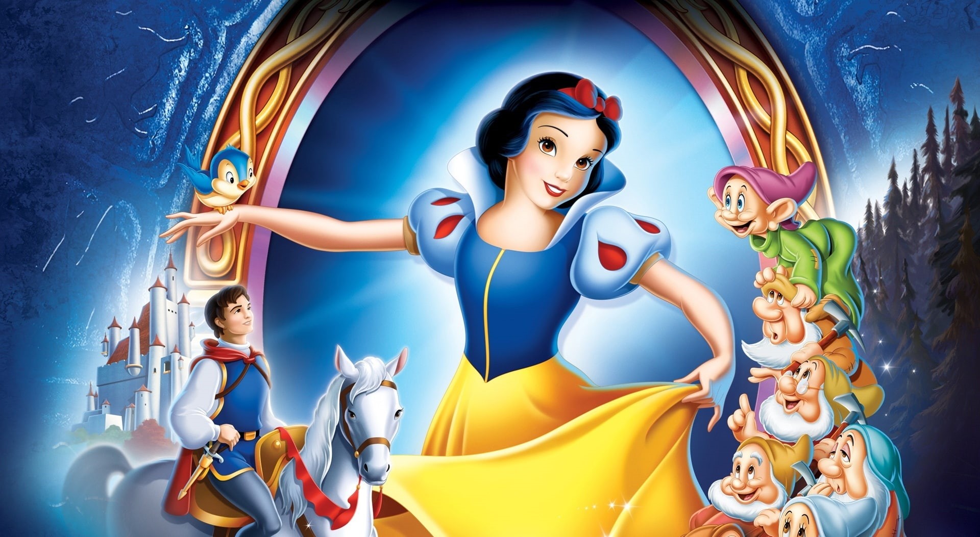 women, female likeness, seven, Disney, Cartoons, snow white, looking, male likeness, blue, dwarfs, arts culture and entertainment, females, white, adult, HD Wallpaper