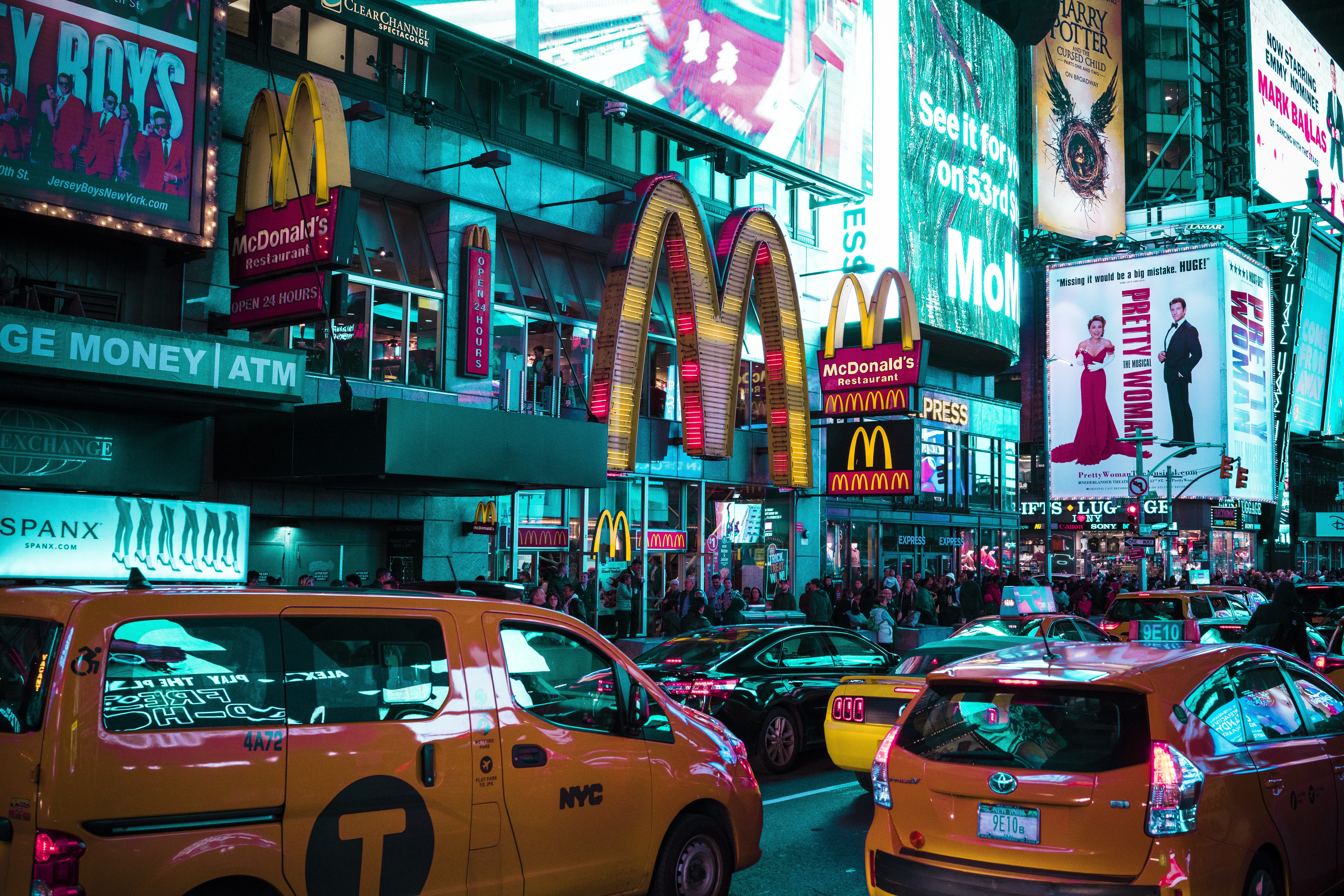 yellow, building exterior, neon, mcdonald, taxi, timessquare, mcdonalds, cyan, city street, travel destinations, cab, land vehicle, incidental people, near, HD Wallpaper