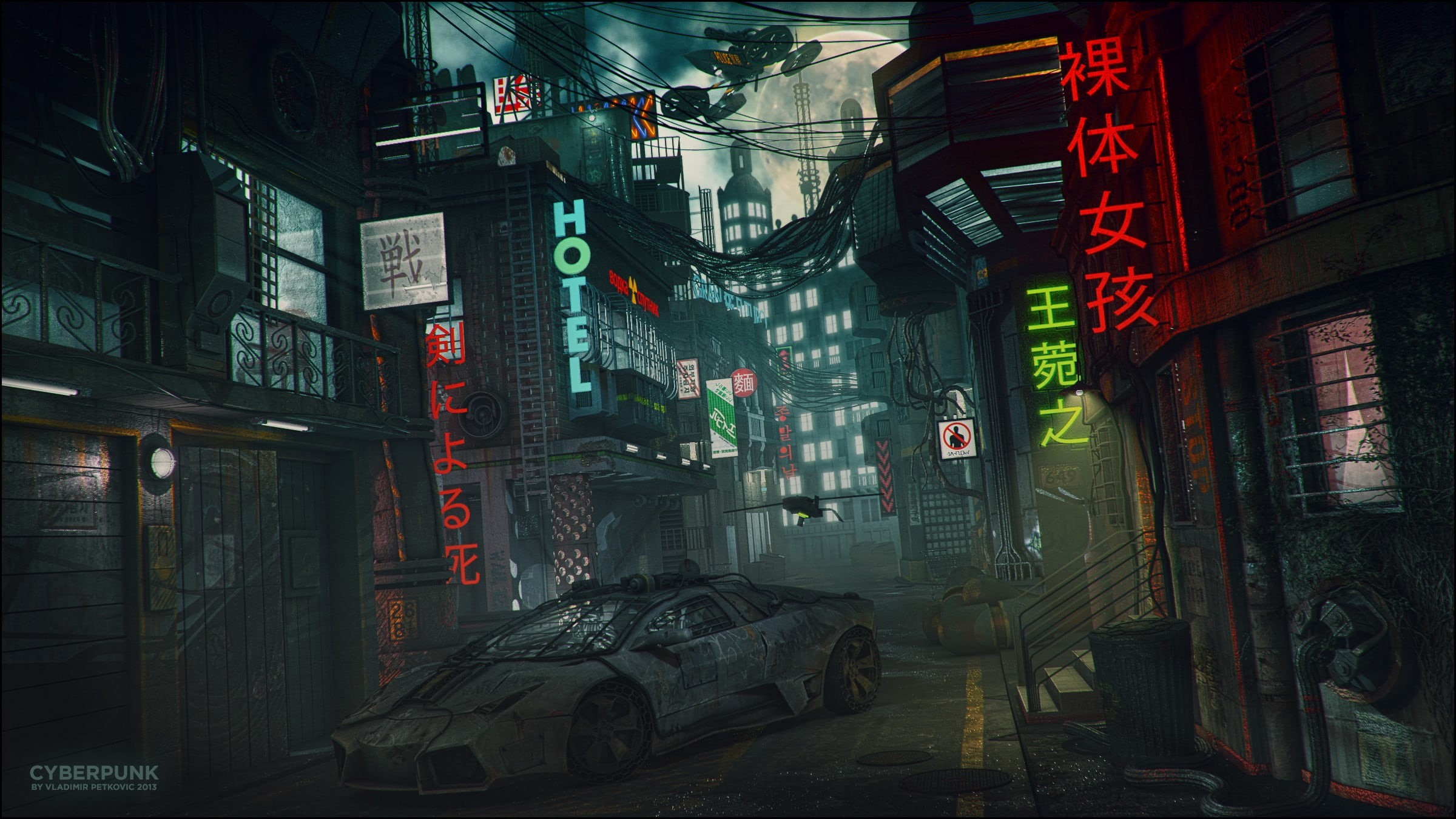 building exterior, non-western script, no people, illuminated, city life, script, city, building, information, text, cyberpunk, 1080P, store, HD Wallpaper