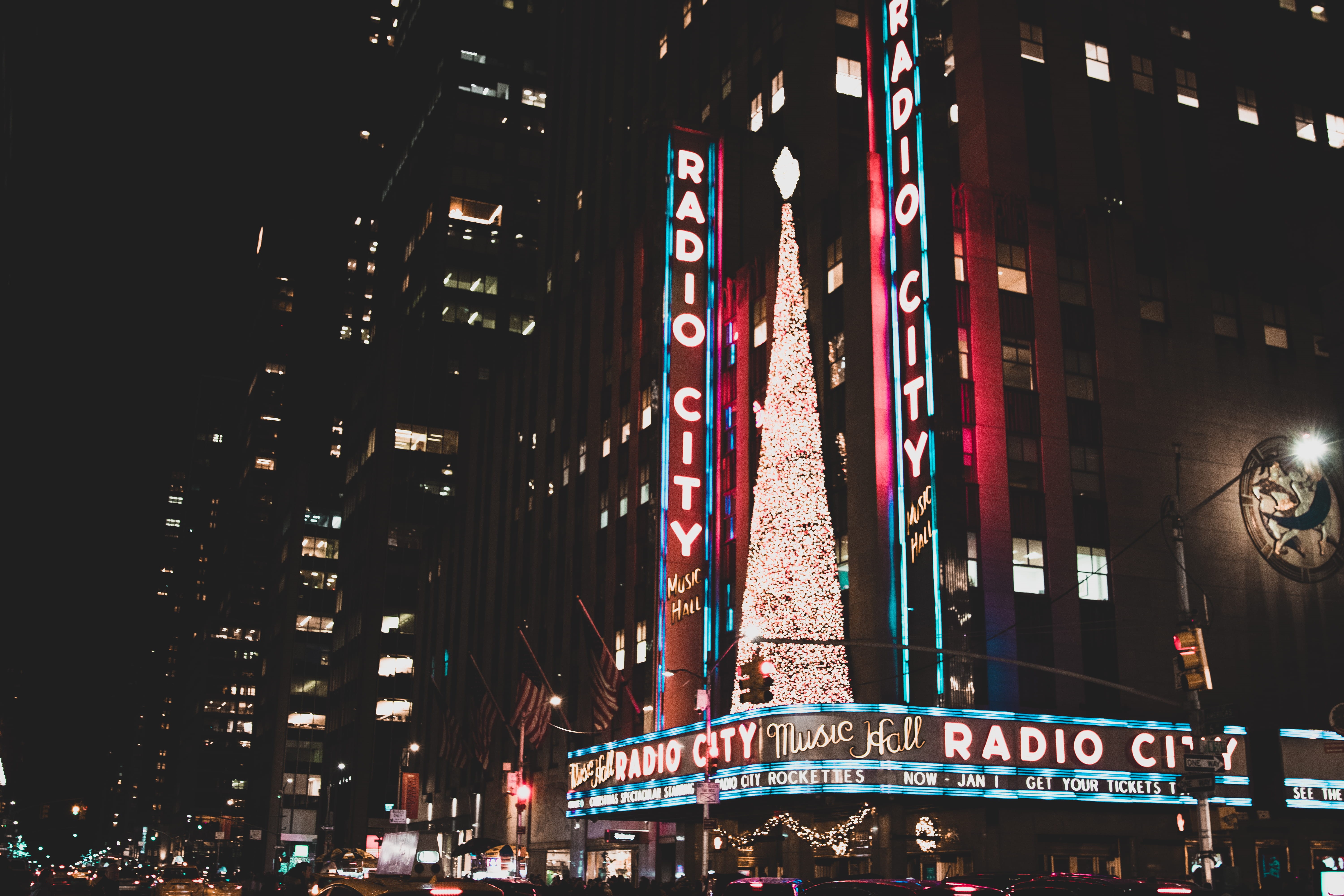 new york city, travel destinations, music hall, sign, built structure, night photography, building, manhattan, night, radio city, illuminated, architecture, HD Wallpaper