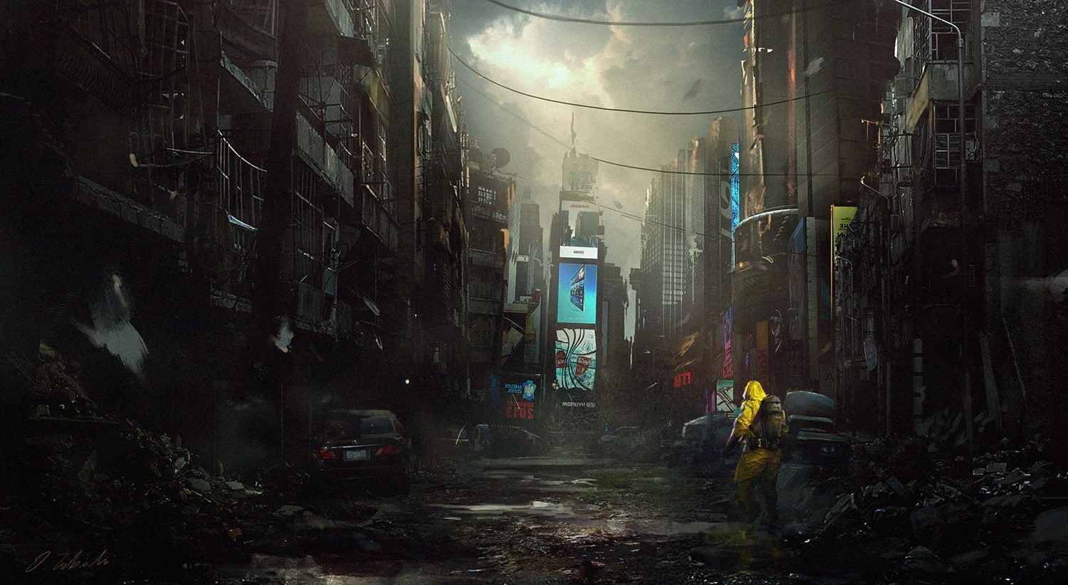 destruction, power lines, futuristic, Darek Zabrocki, apocalyptic, fantasy art, 720P, billboards, hazmat suits, abandoned, HD Wallpaper