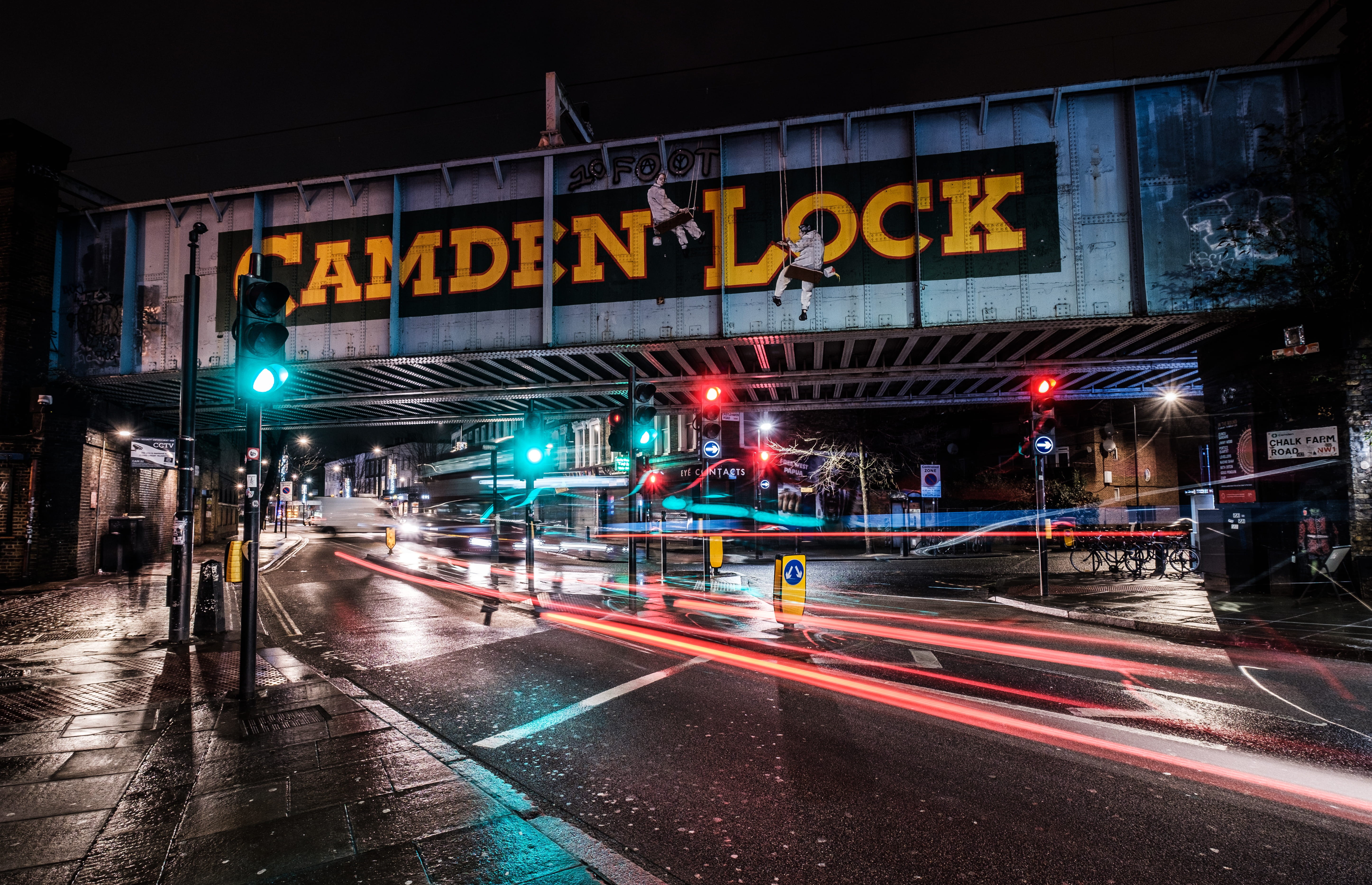 architecture, lock, vehicle, light trail, night, built structure, text, photography, road, city street, car, communication, guidance, illuminated, camden, HD Wallpaper