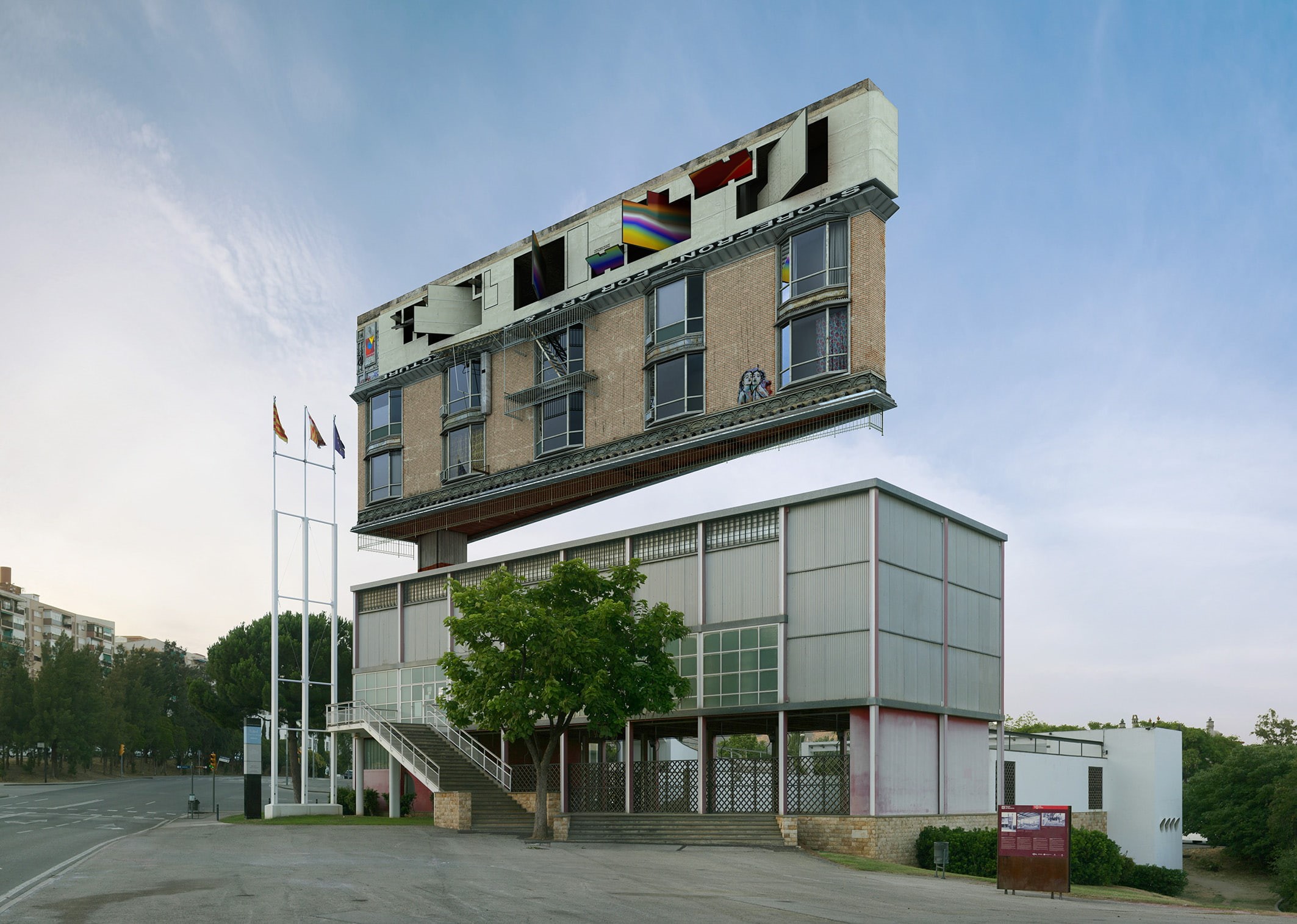 1080P, Victor Enrich, trees, window, building, architecture, digital art, billboards, road, surreal, photo manipulation, Photoshop, HD Wallpaper