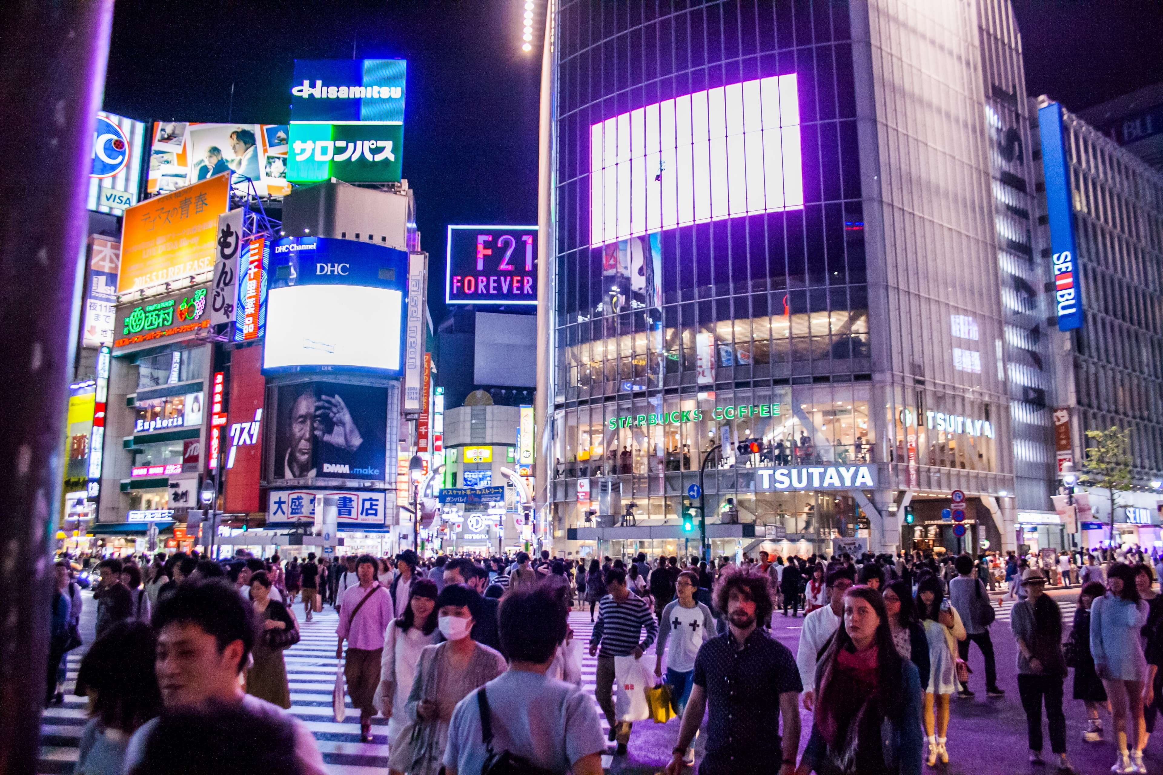 communication, city life, city, technology, billboards, illuminated, shibuya, advertisement, light ray, lights, men, city street, outdoors, built structure, HD Wallpaper