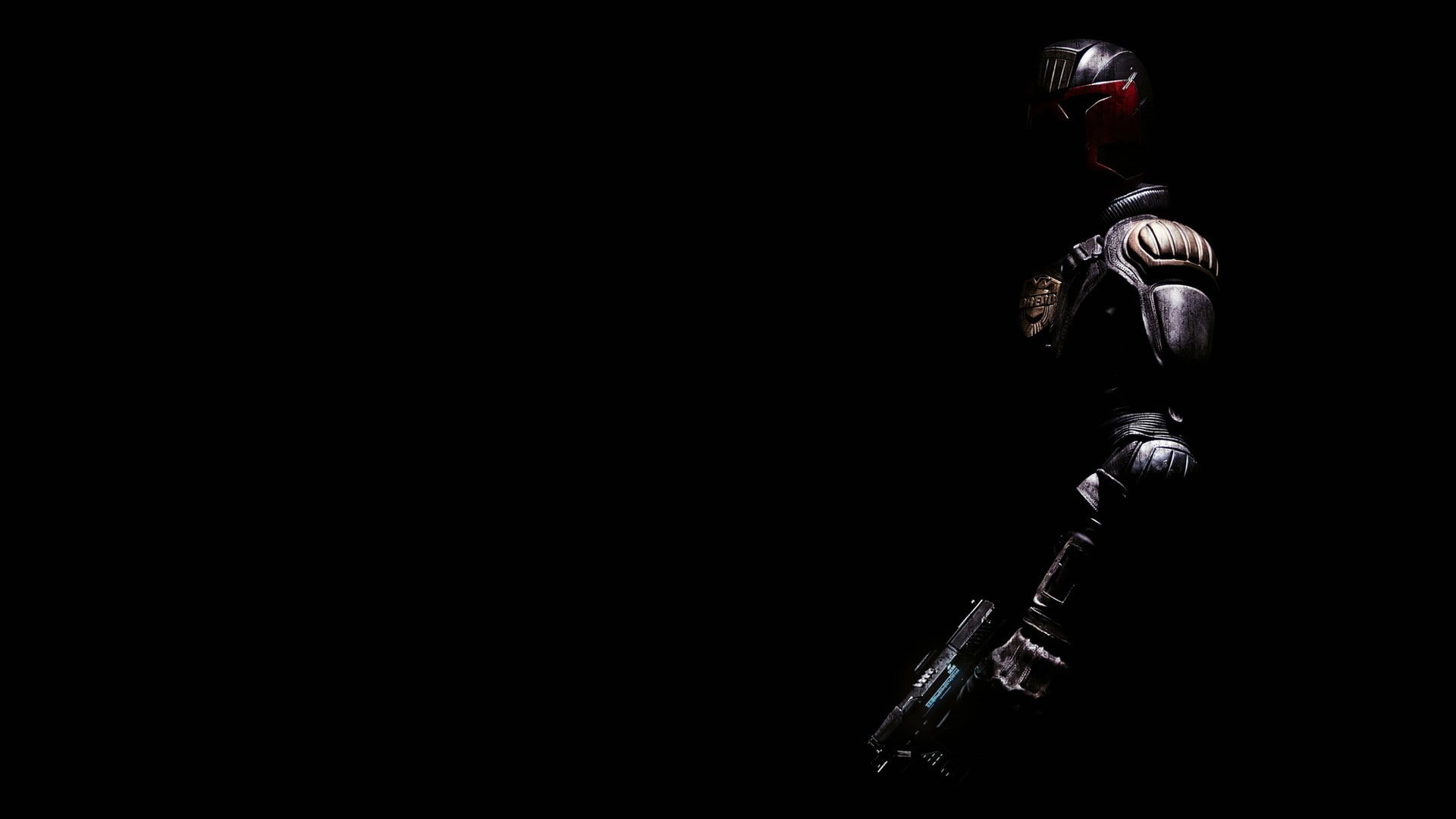 Judge Dredd, government, standing, 1080P, aggression, copy space, full length, protection, weapon, movies, black background, men, representation, military, HD Wallpaper