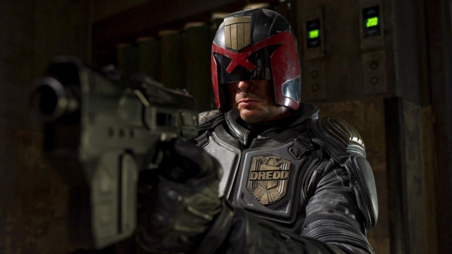 military, sign, security, portrait, weapon, protective mask - workwear, clothing, adult, indoors, uniform, 1080P, aggression, front view, Judge Dredd, HD Wallpaper