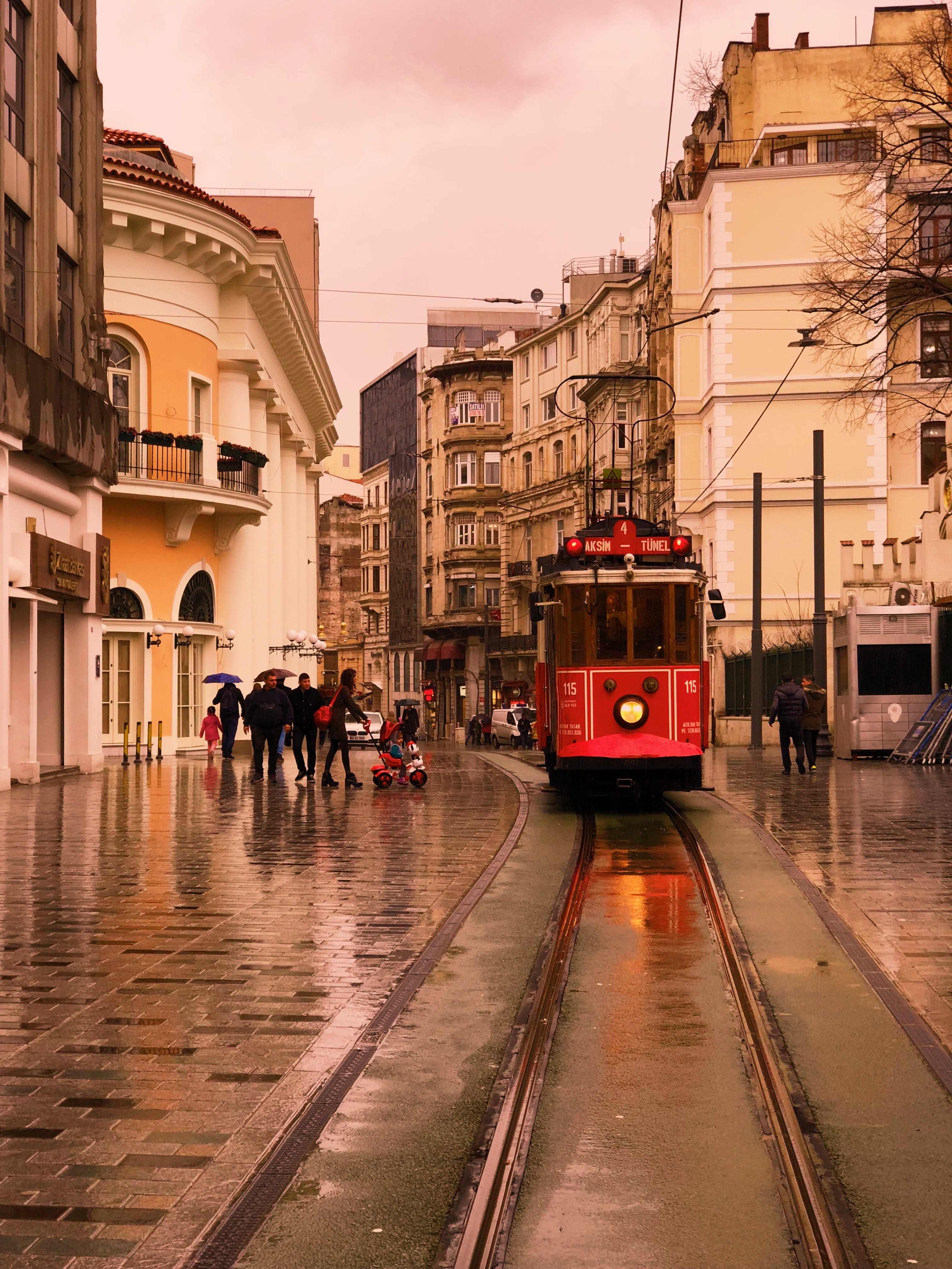 turkey, mode of transportation, wet, person, transportation, outdoors, city, taksim, city life, train, group of people, real people, walkway, vehicle, tram, Phone HD Wallpaper
