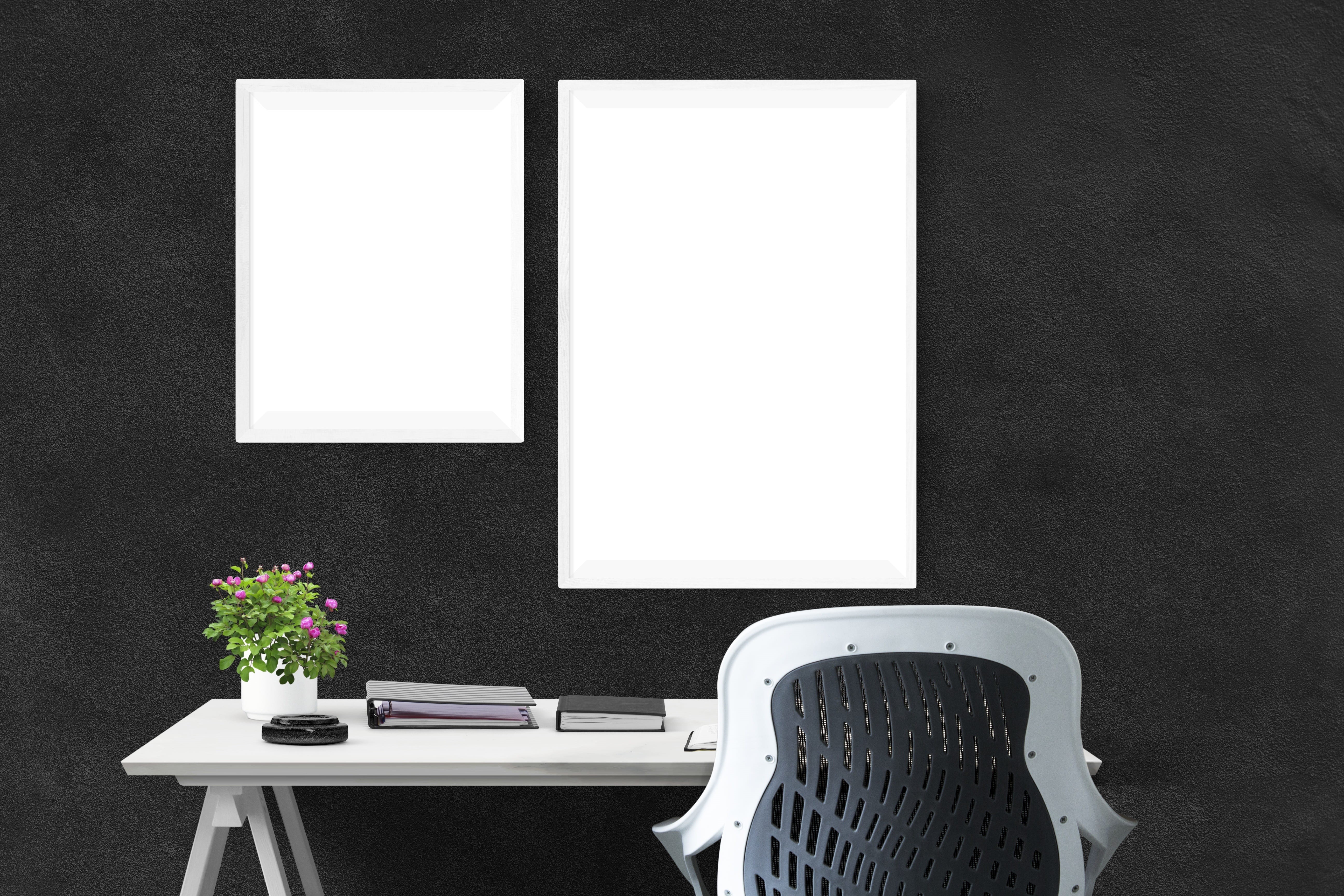 gallery, desk, wood - material, white color, still life, indoors, plant, white, empty, business, chair, frame, arrangement, wooden, mockup, poster, blank, HD Wallpaper