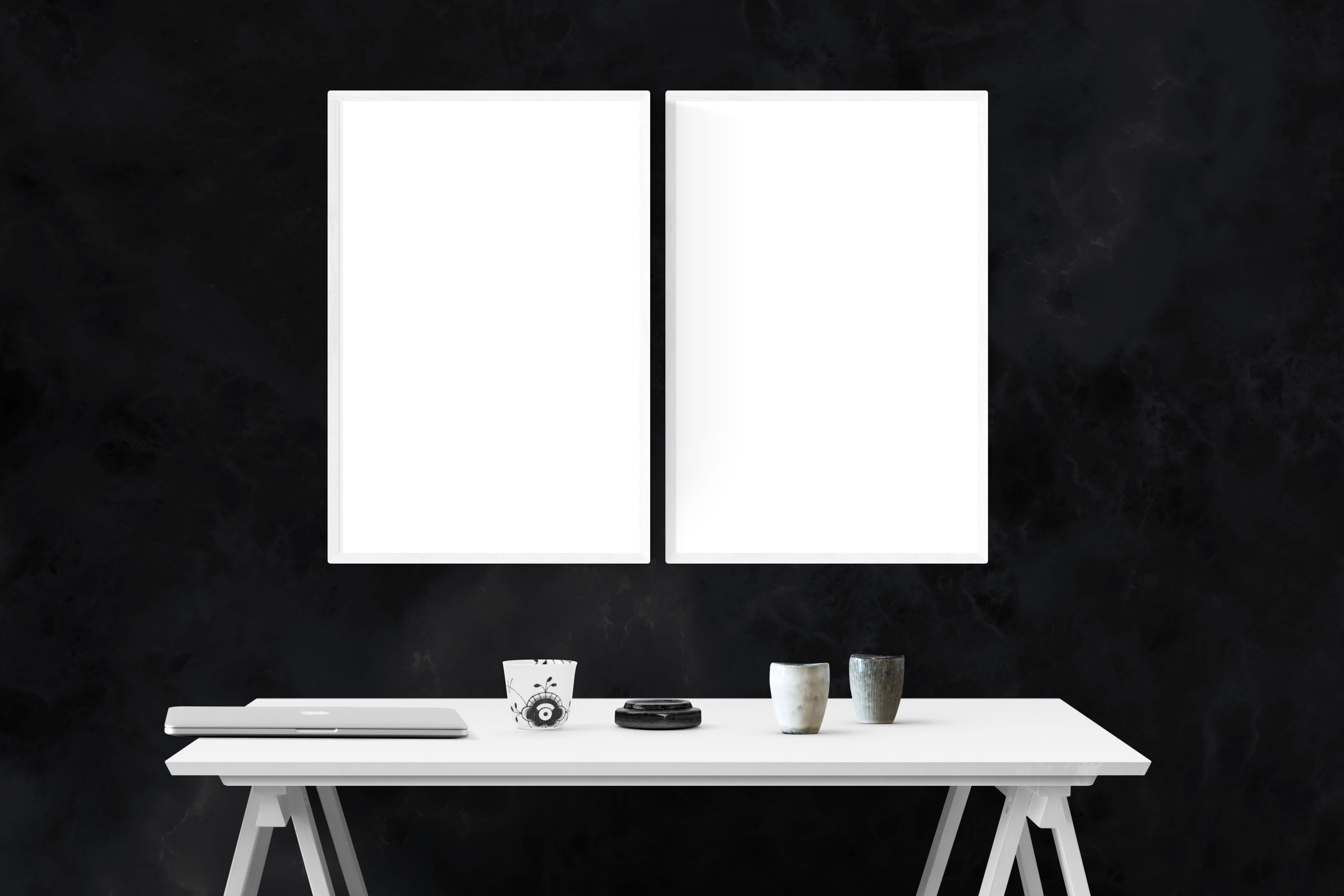 mockup, white color, household equipment, interior, wooden, wall, electric lamp, technology, food and drink, black color, poster, mock, cup, table, 5K, HD Wallpaper