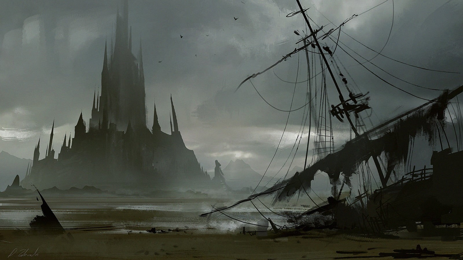 fantasy art, sky, ship, crashed, nature, cloud - sky, storm, Darek Zabrocki , ancient, 720P, sea, power in nature, history, fog, beauty in nature, HD Wallpaper