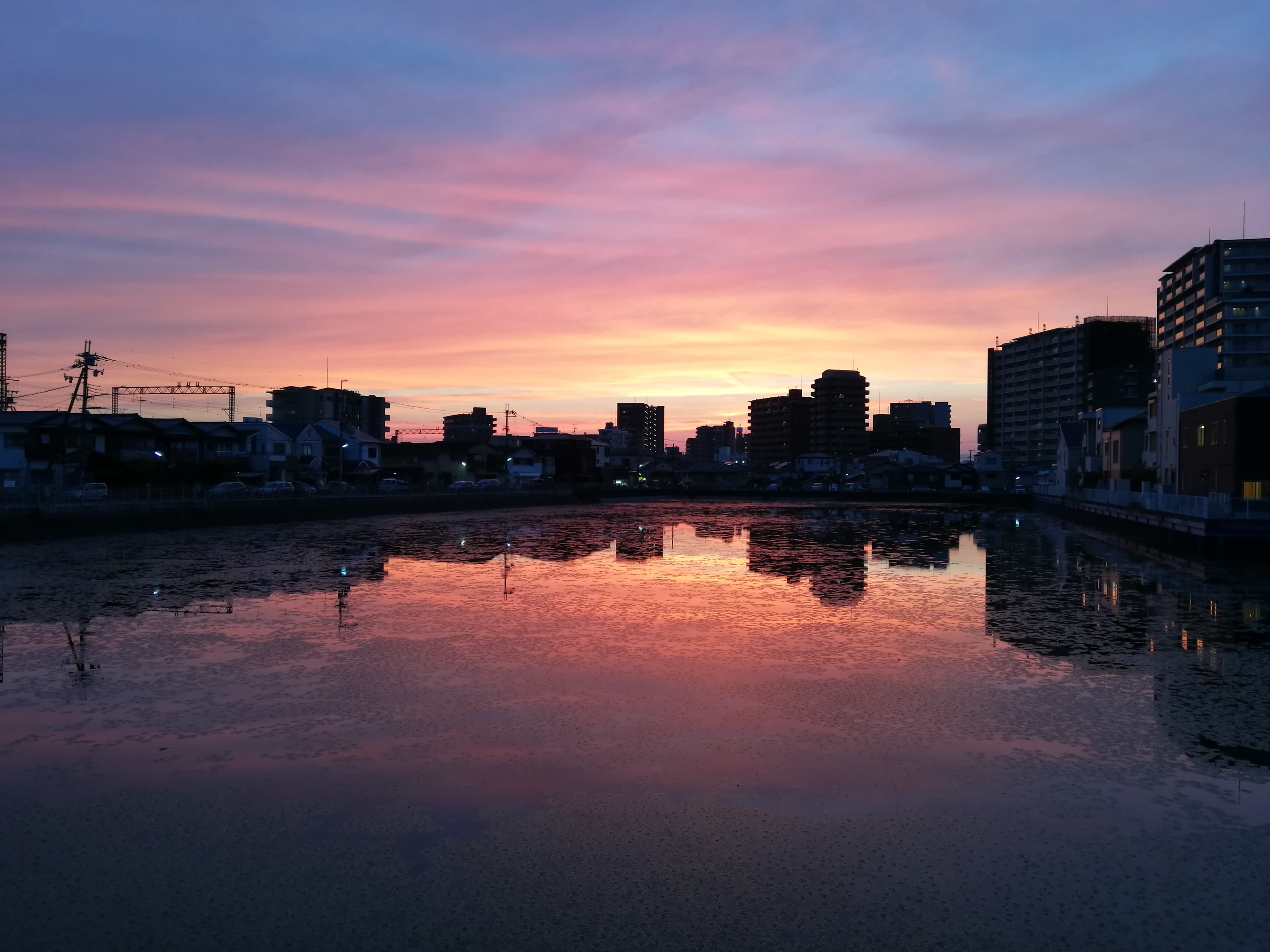 silhouette, sky, dusk, outdoors, orange color, 4K, Japan, city, no people, building, nature, building exterior, residential district, cloud - sky, sunset, HD Wallpaper