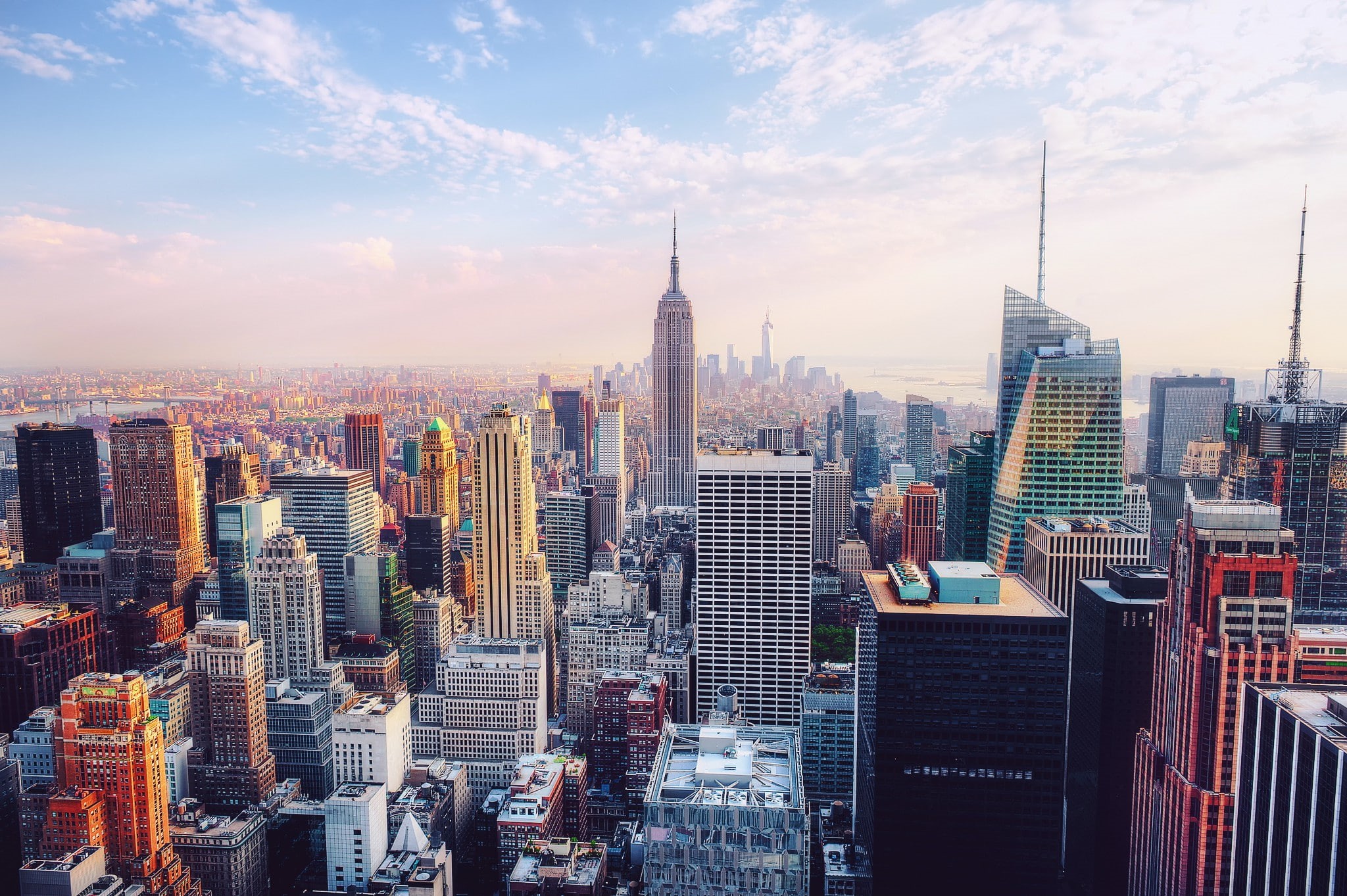 raise, aerial, rockefeller, empire, buildings, view, Rockefeller Center, state, Empire State Building, 1080P, high, New York, photograph, Manhattan, US city, HD Wallpaper