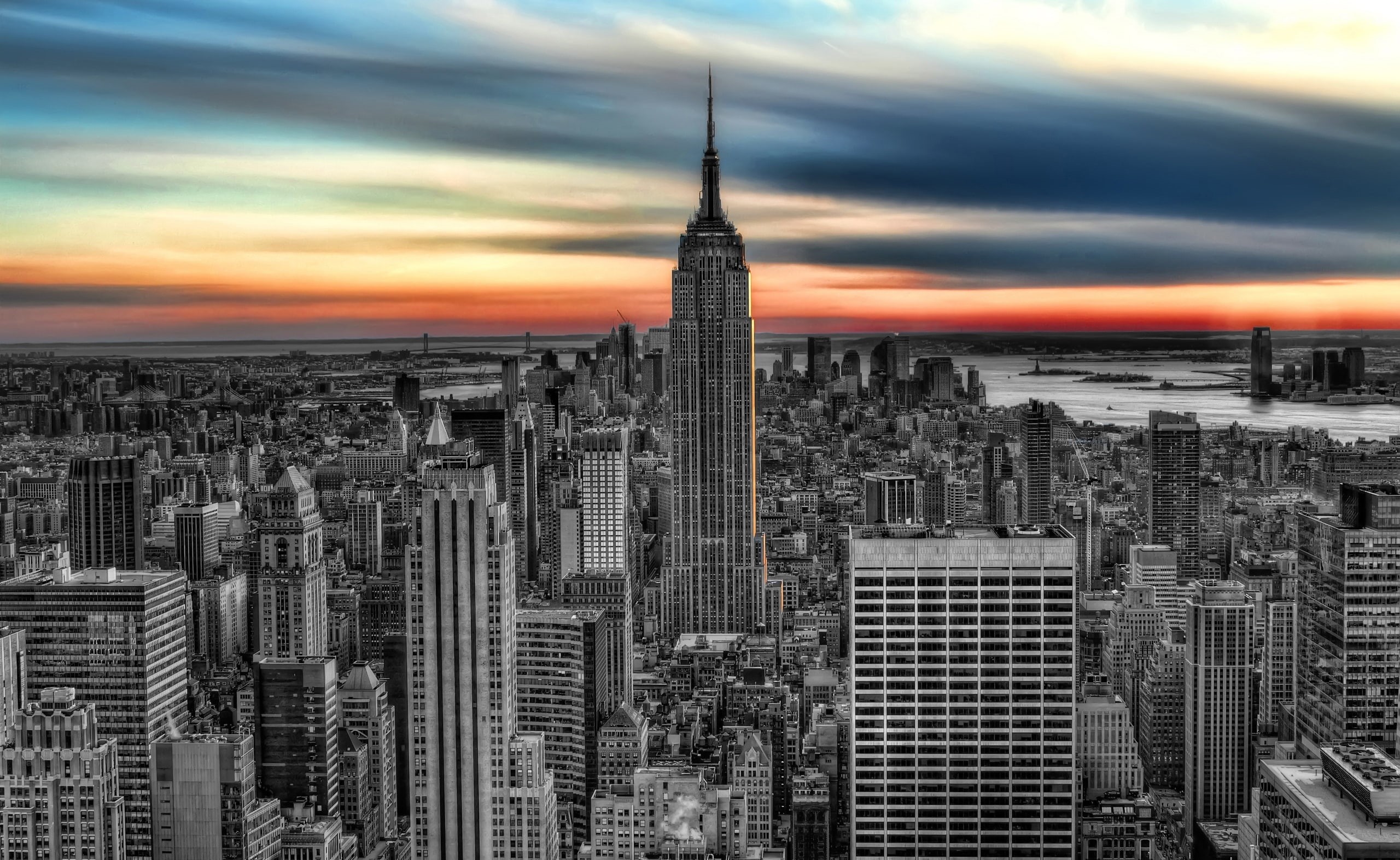 sky, black, cityscape, empire state, skyscraper, and, architecture, red, spire, white, crowd, bw, orange, financial district, tower, office building exterior, HD Wallpaper