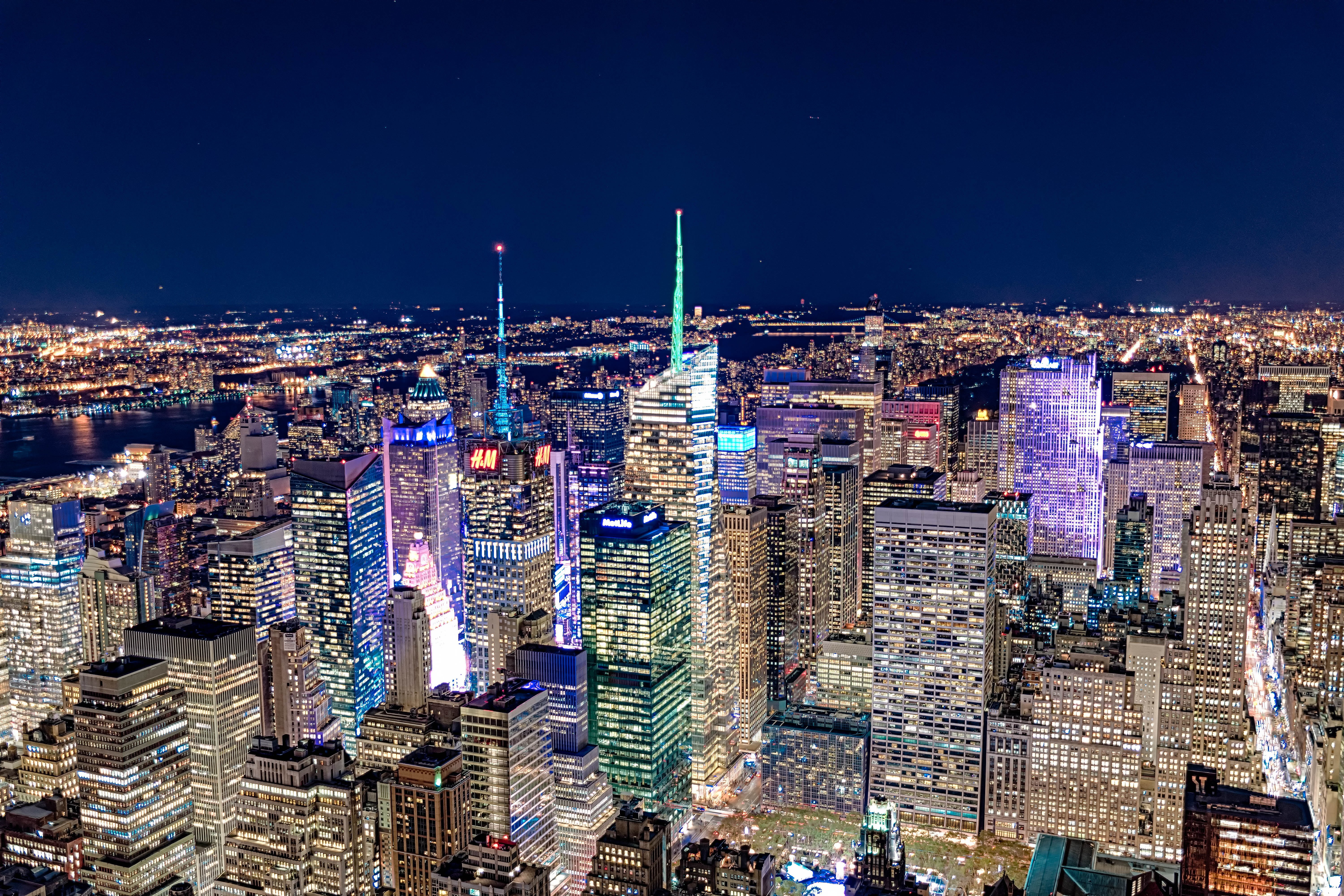 time, architecture, cityscape, New York City, famous Place, night, aerial View, vegas, 5K, Skyline, HDR, building Exterior, downtown District, Top, uSA, HD Wallpaper