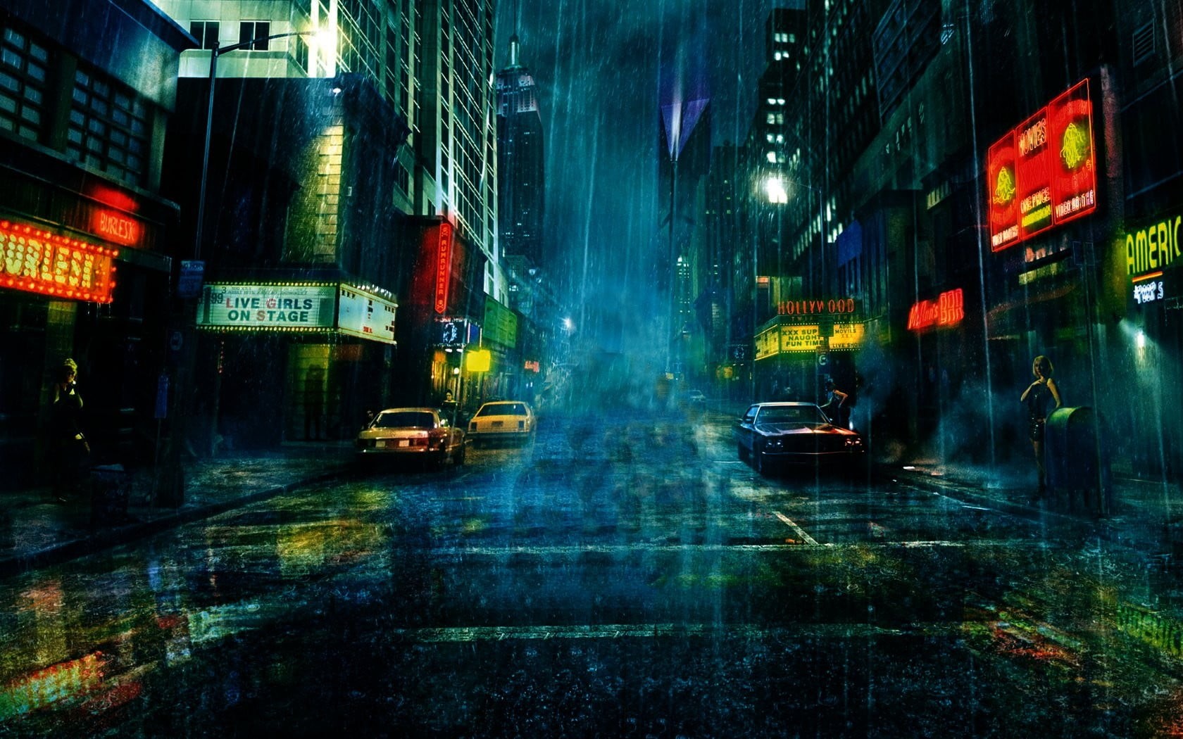 rainy season, timesquare, illuminated, built structure, 720P, water, night, transportation, york, street, building exterior, wet, skyscraper, city street, HD Wallpaper