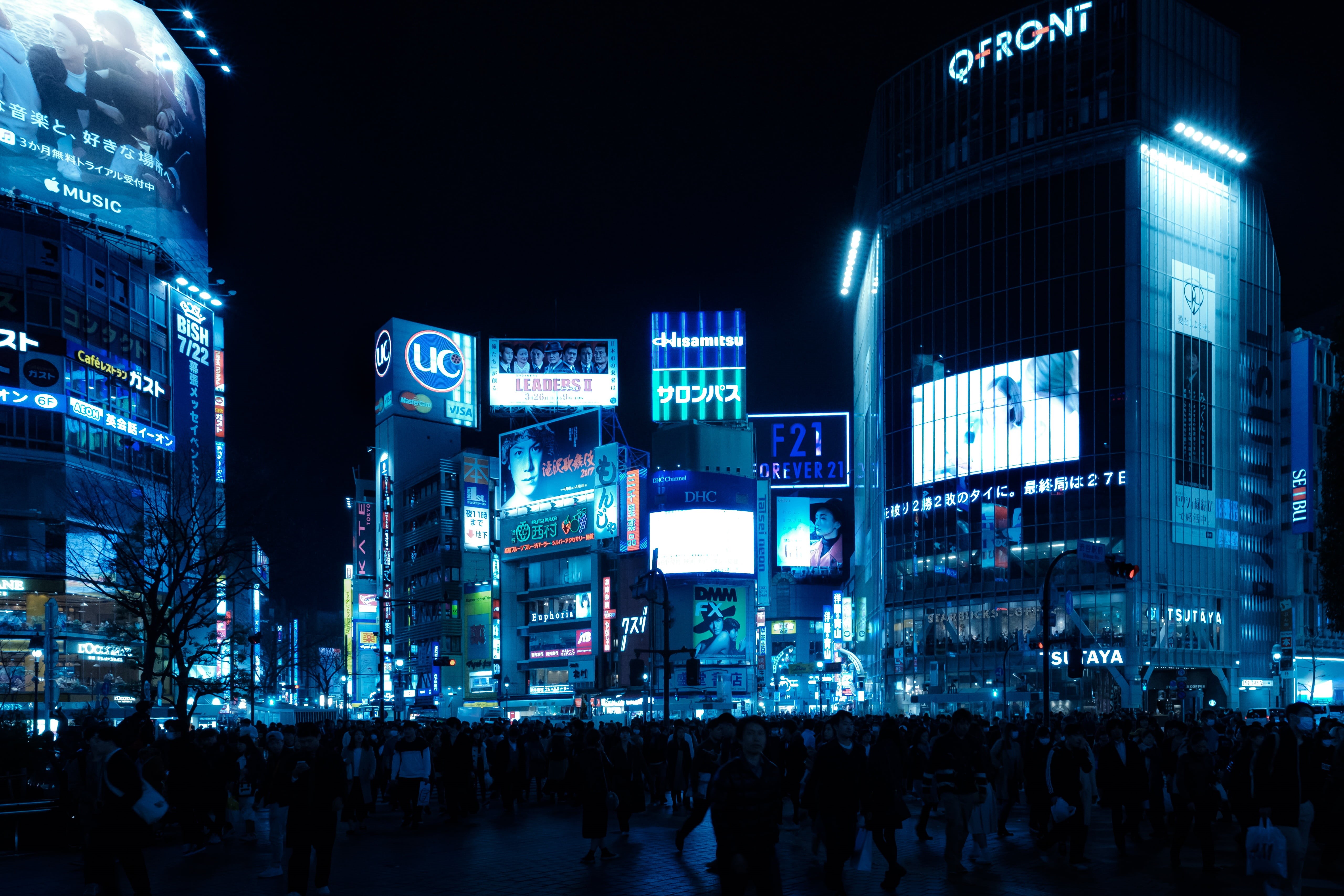 modern, building, 5K, architecture, office building exterior, darkness, group of people, building exterior, cityscape, neon, city, street, advertisement, HD Wallpaper
