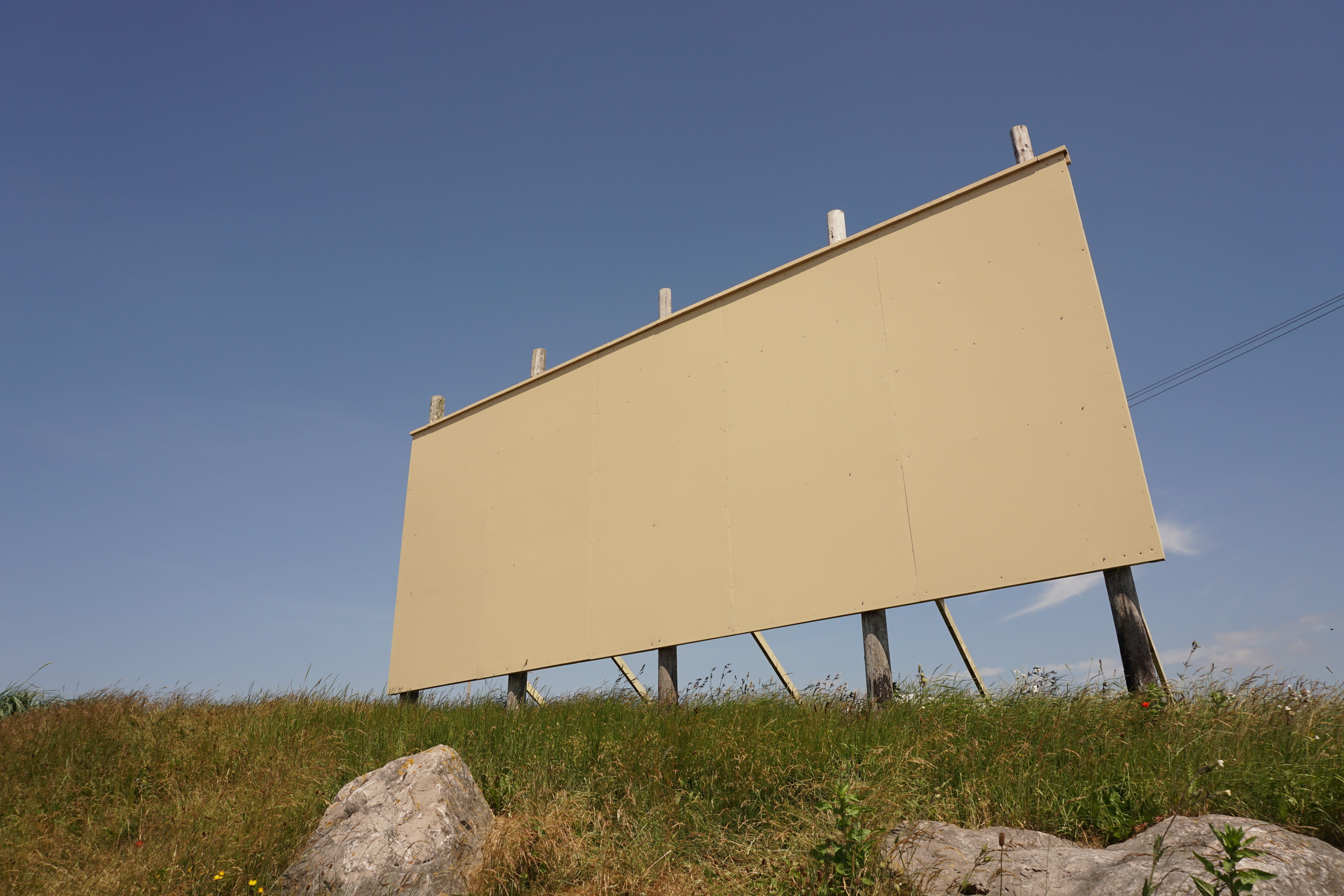 nature, environment, blank, sign, grass, low angle view, shelter, template, board, yellow, blue, building, rock, pleasureland, copy space, bridge, projection screen, HD Wallpaper