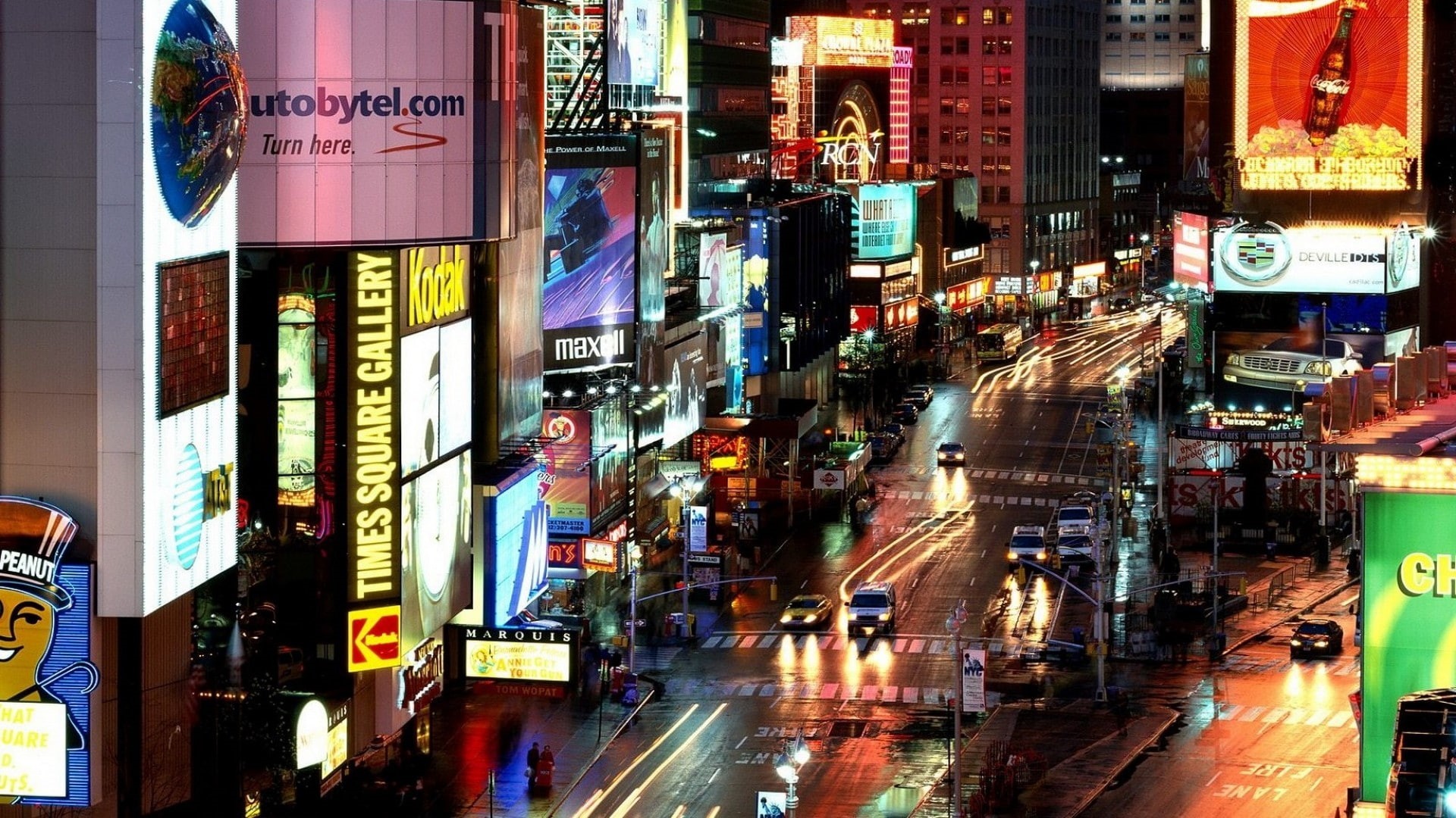 transportation, communication, financial district, road, skyscraper, modern, night, street, 1080P, office building exterior, building, illuminated, Times Square, HD Wallpaper